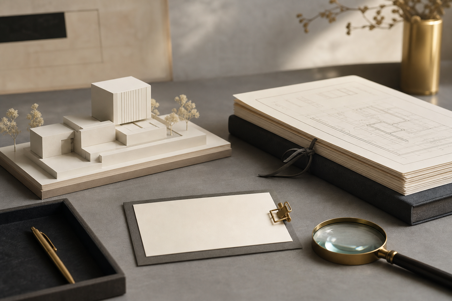 Project model, plans, and review materials on a desk