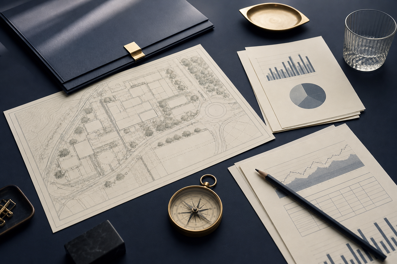Project plans, a financial review, and a compass arranged for due diligence