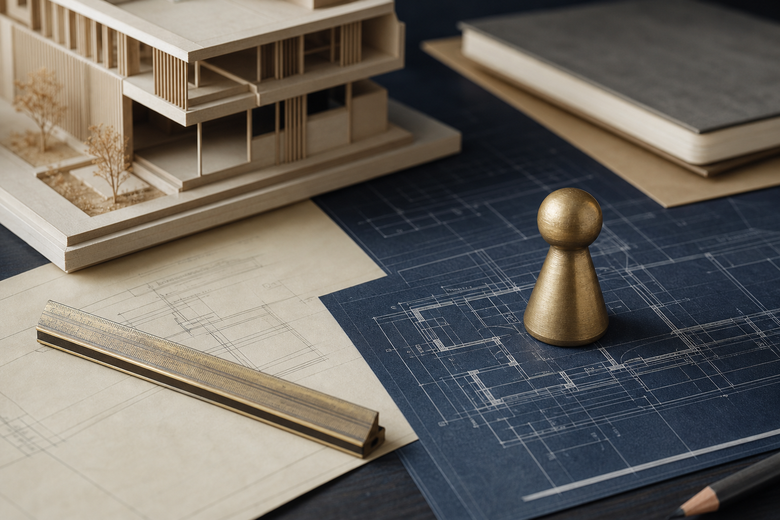 Architectural model, plans, and a risk marker arranged for review