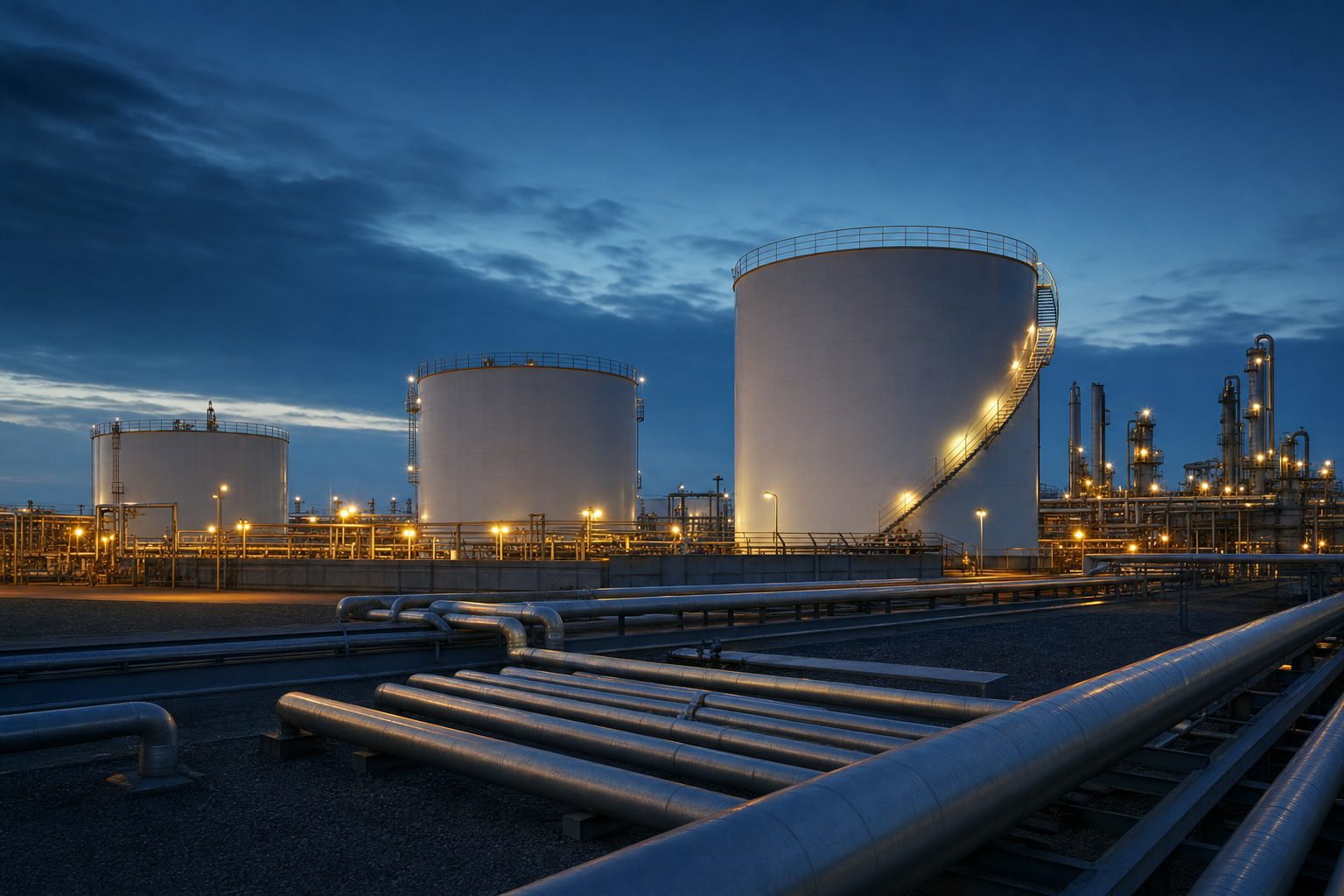 Illustrative fuel storage tanks and industrial pipework at dusk.
