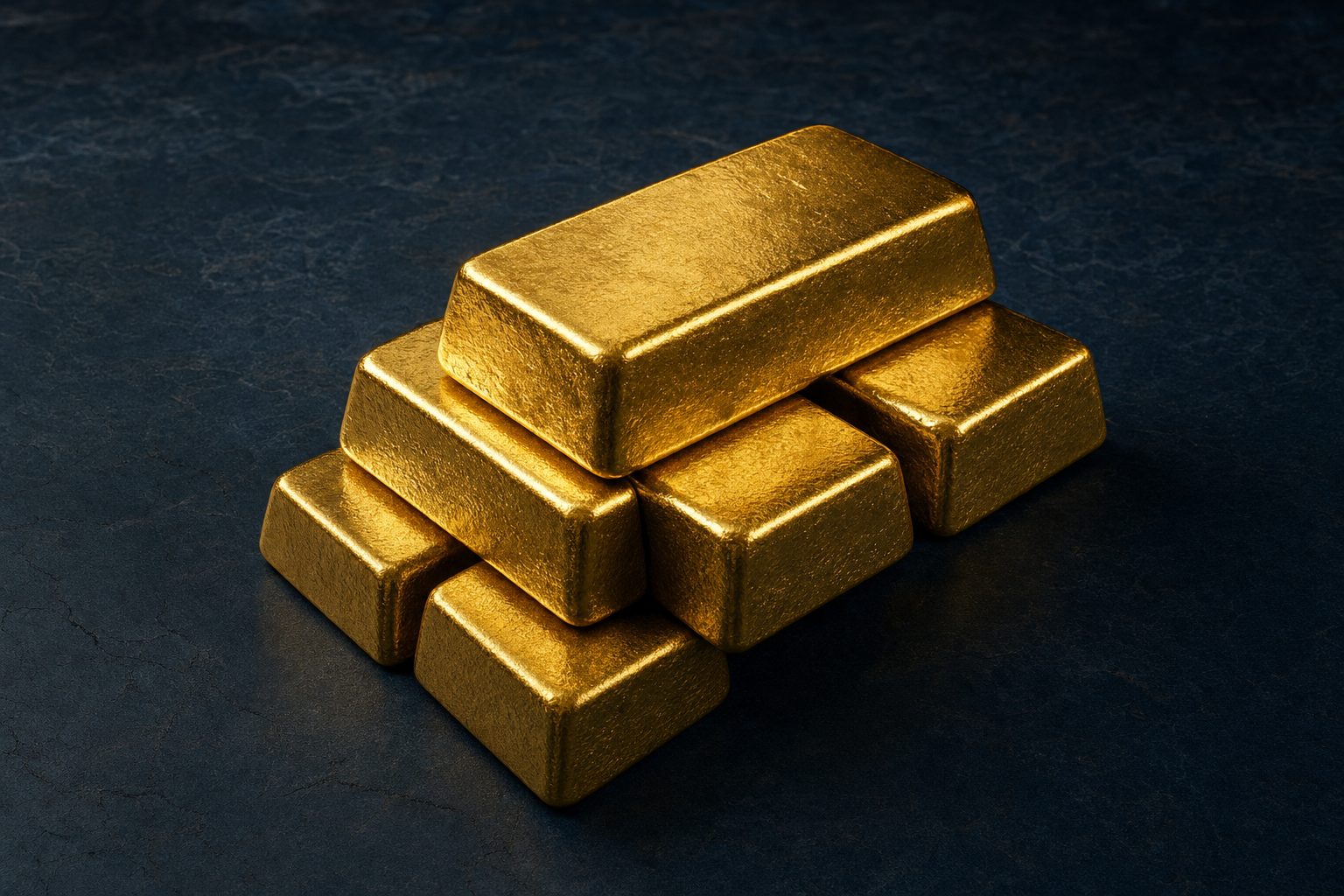 Illustrative stack of unbranded gold bullion bars on a dark surface.