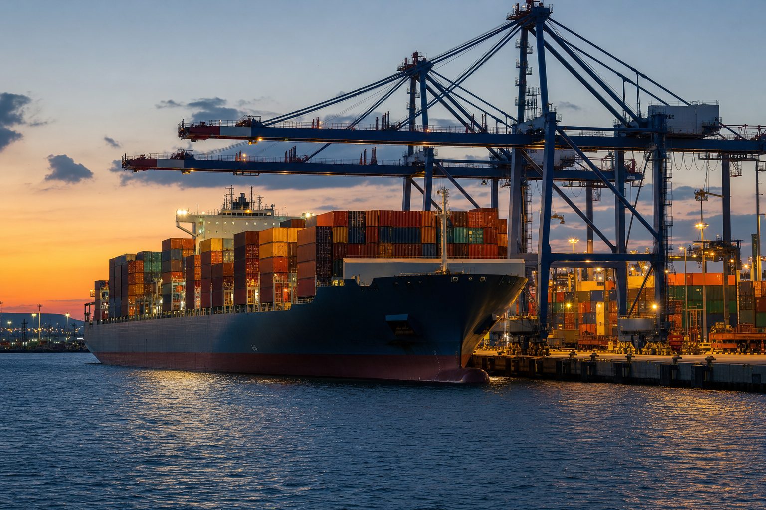 Illustrative container ship and cargo cranes at a port at dusk.