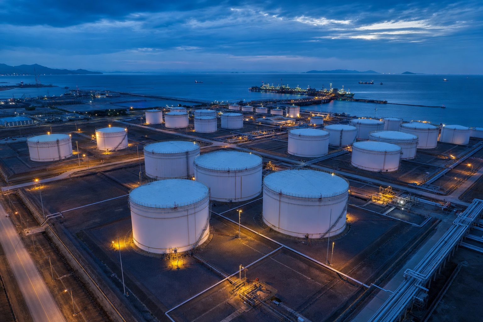 Illustrative aerial view of a coastal tank farm with fuel storage tanks and connecting pipelines at dusk.