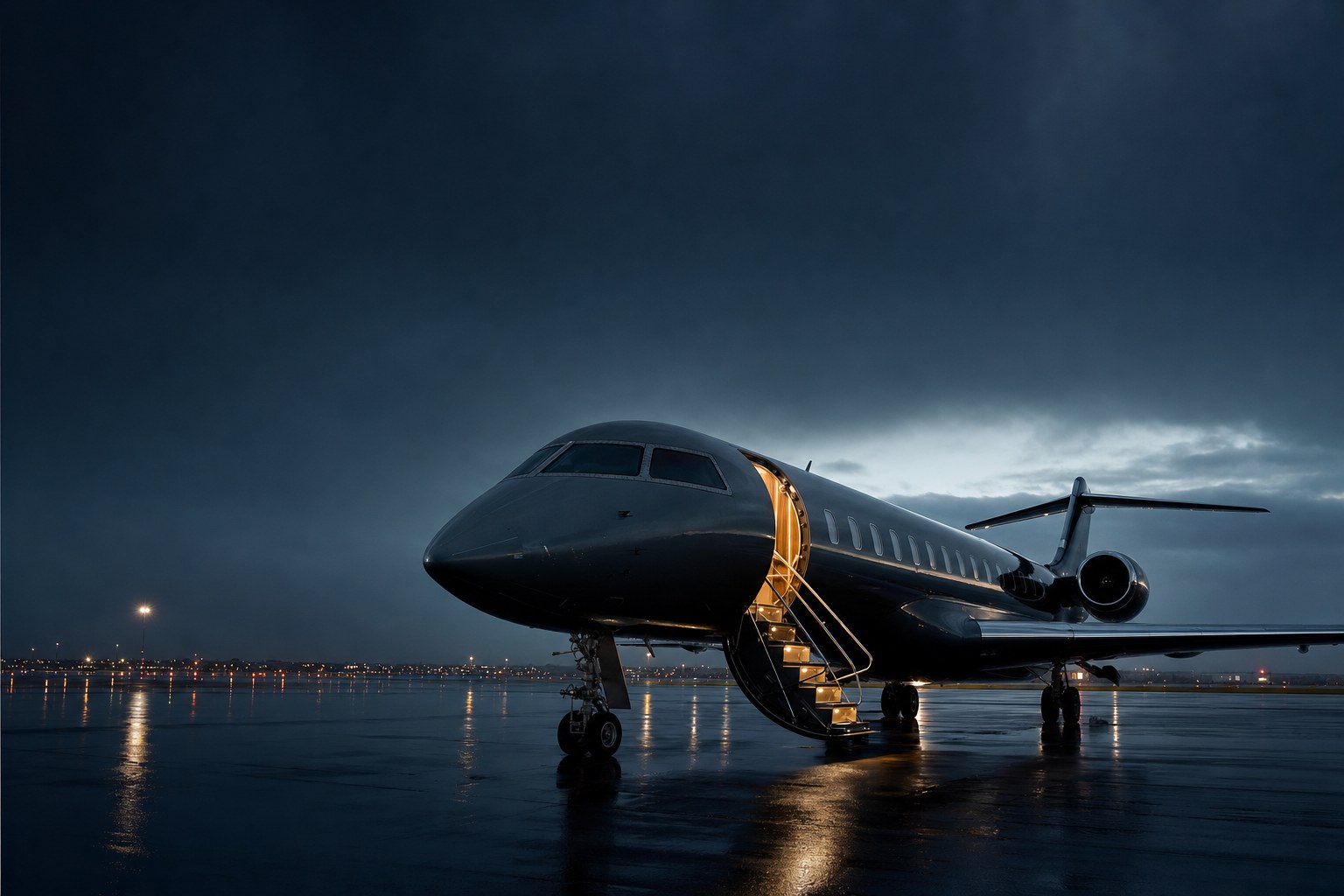 Private jet on a rain-wet airport apron at dusk