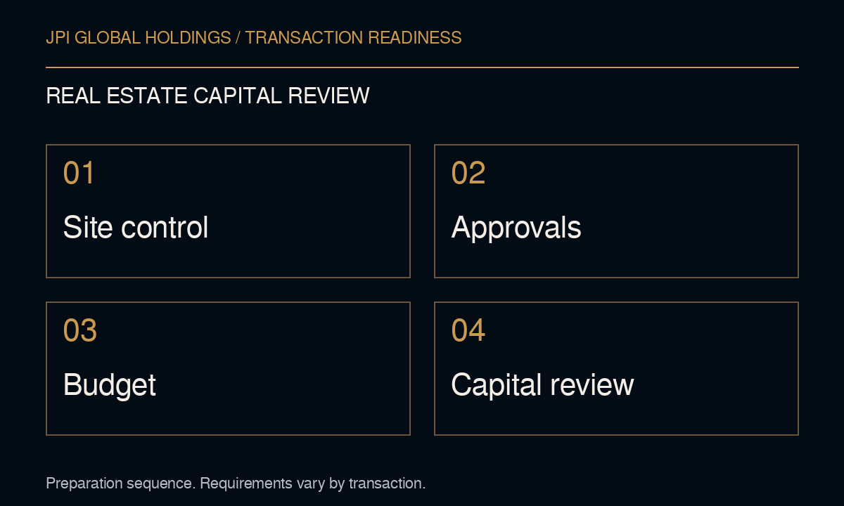Real Estate Capital Review: Site control, then Approvals, then Budget, then Capital review
