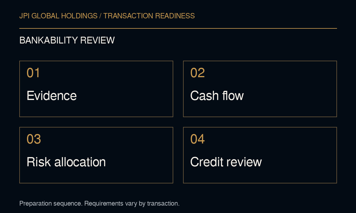 Bankability Review: Evidence, then Cash flow, then Risk allocation, then Credit review
