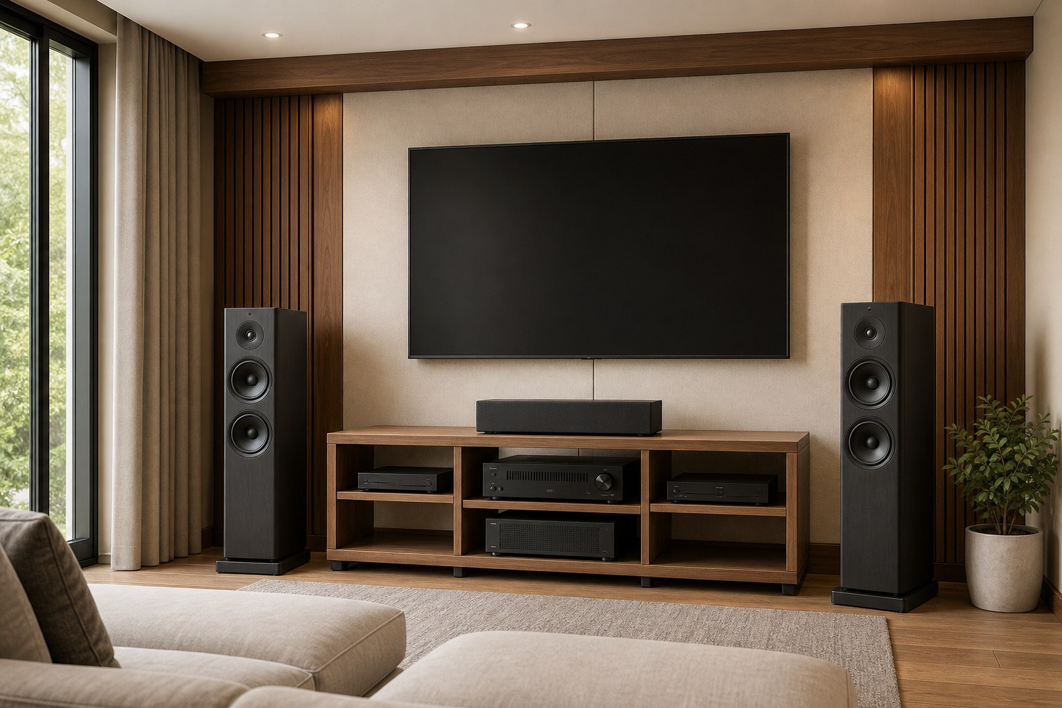 Illustrated home theater with an open equipment rack, floor-standing speakers, and comfortable seating