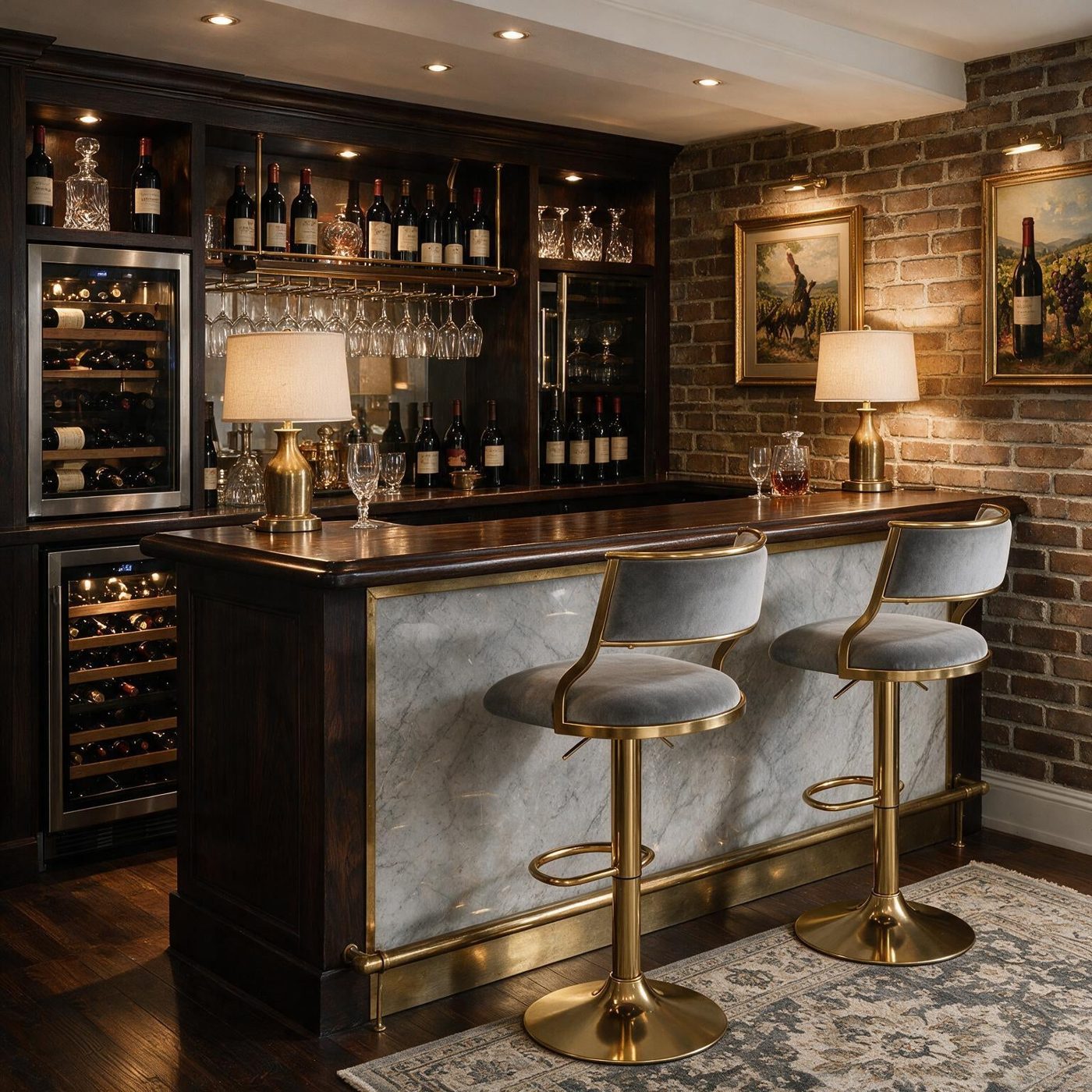 Gray velvet bar stools with upholstered seats and adjustable bases