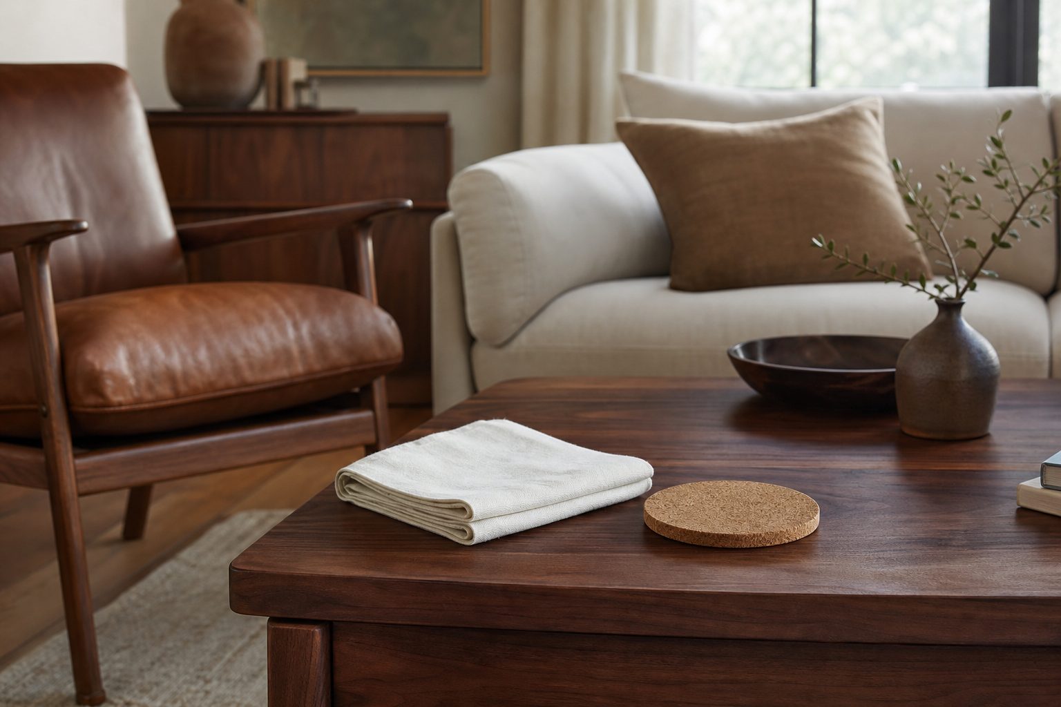 Soft care cloth and coaster on a walnut table beside leather and fabric seating
