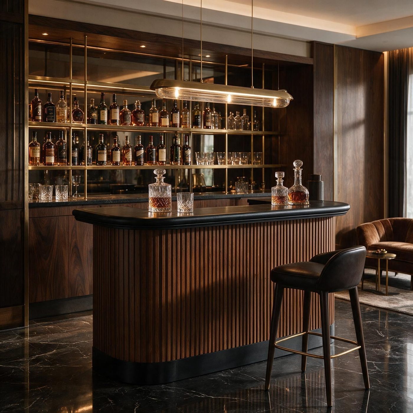 Walnut-finish Prohibition Series home bar with counter and shelving