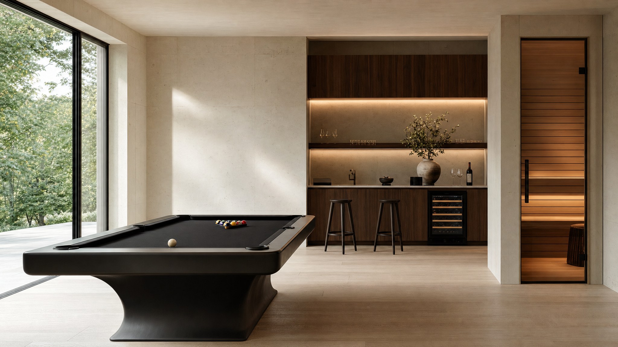 Luxury home retreat with a pool table, home bar, and sauna