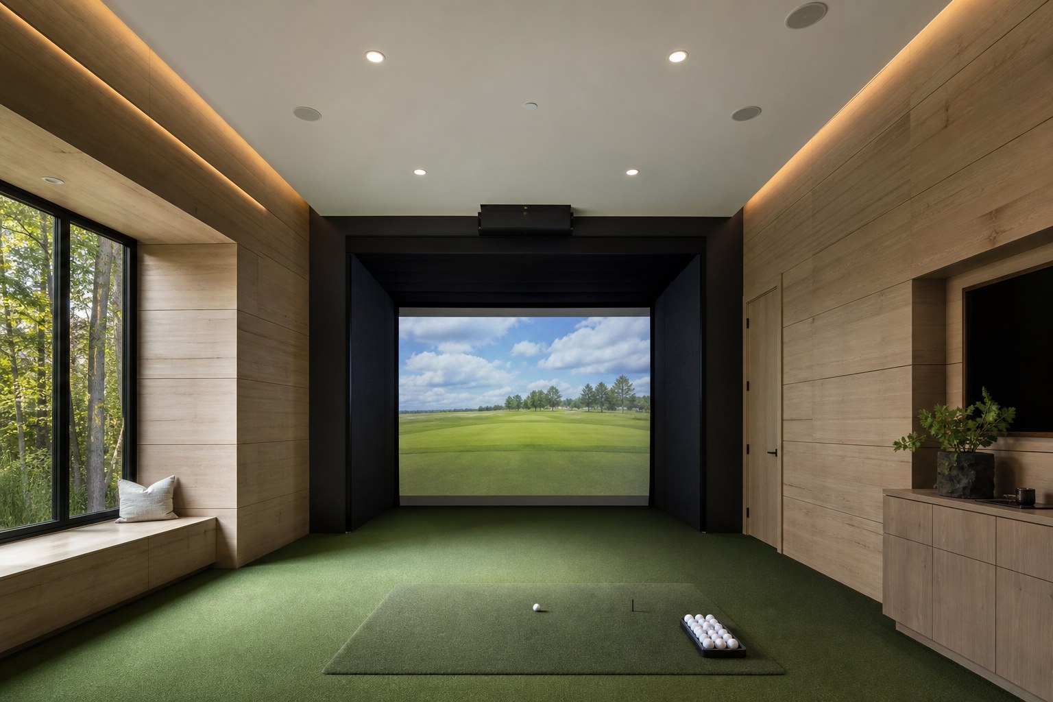 A home golf simulator room with a high clear ceiling and a large impact screen