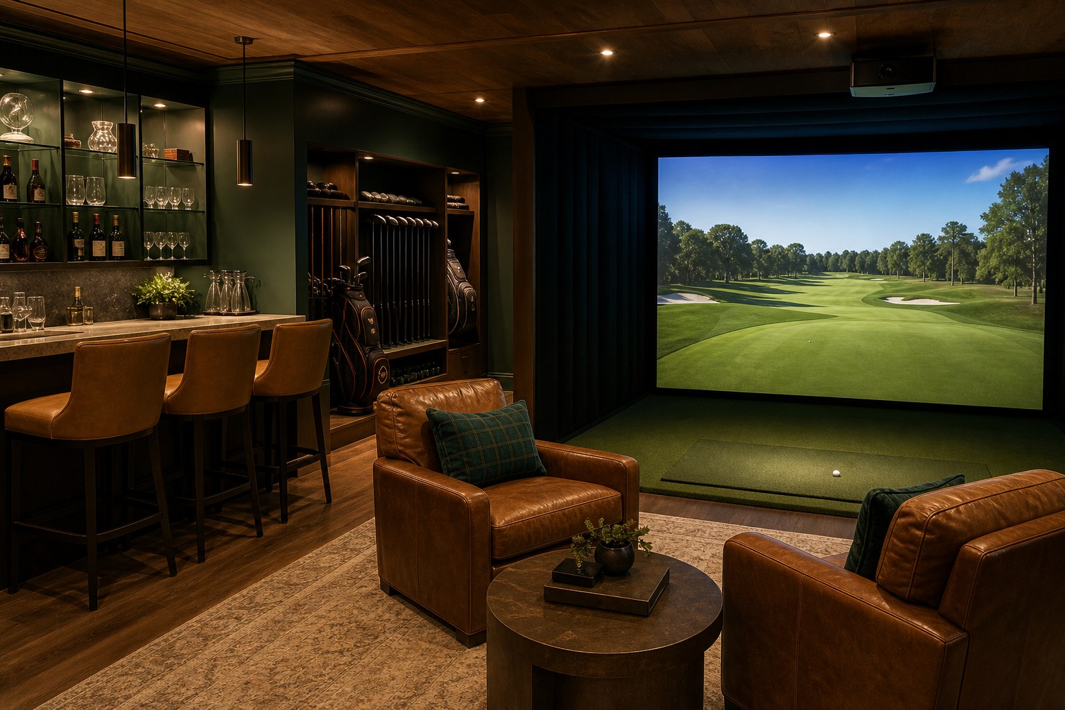 A home golf simulator lounge with leather seating, bar seating, and a projection screen