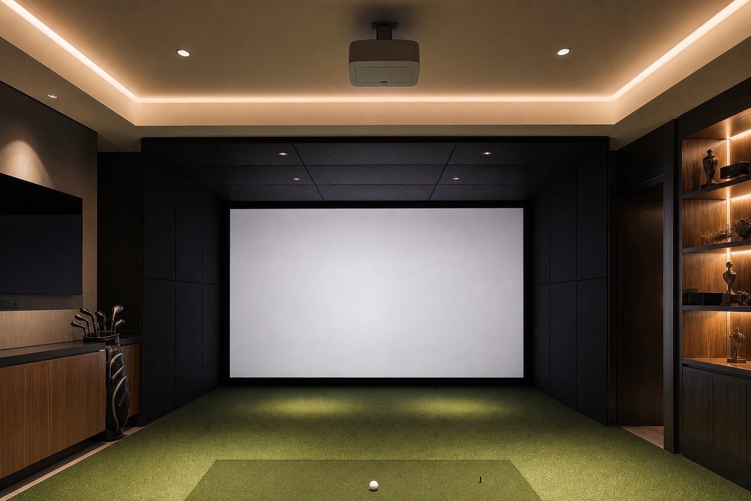 A ceiling-mounted projector above a blank impact screen in a home golf simulator room