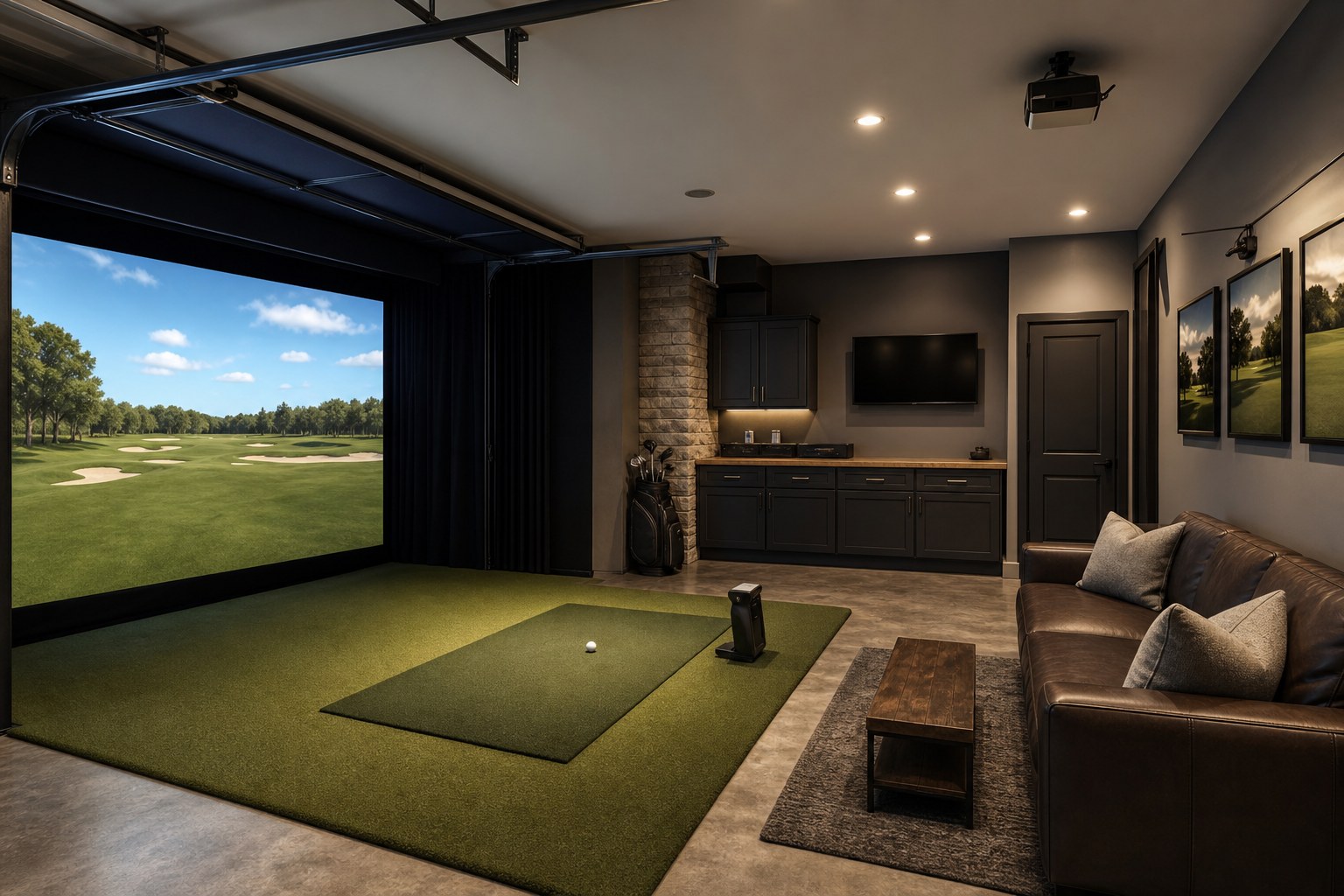A side view of a home golf simulator with an impact screen, hitting mat, launch monitor, and lounge seating