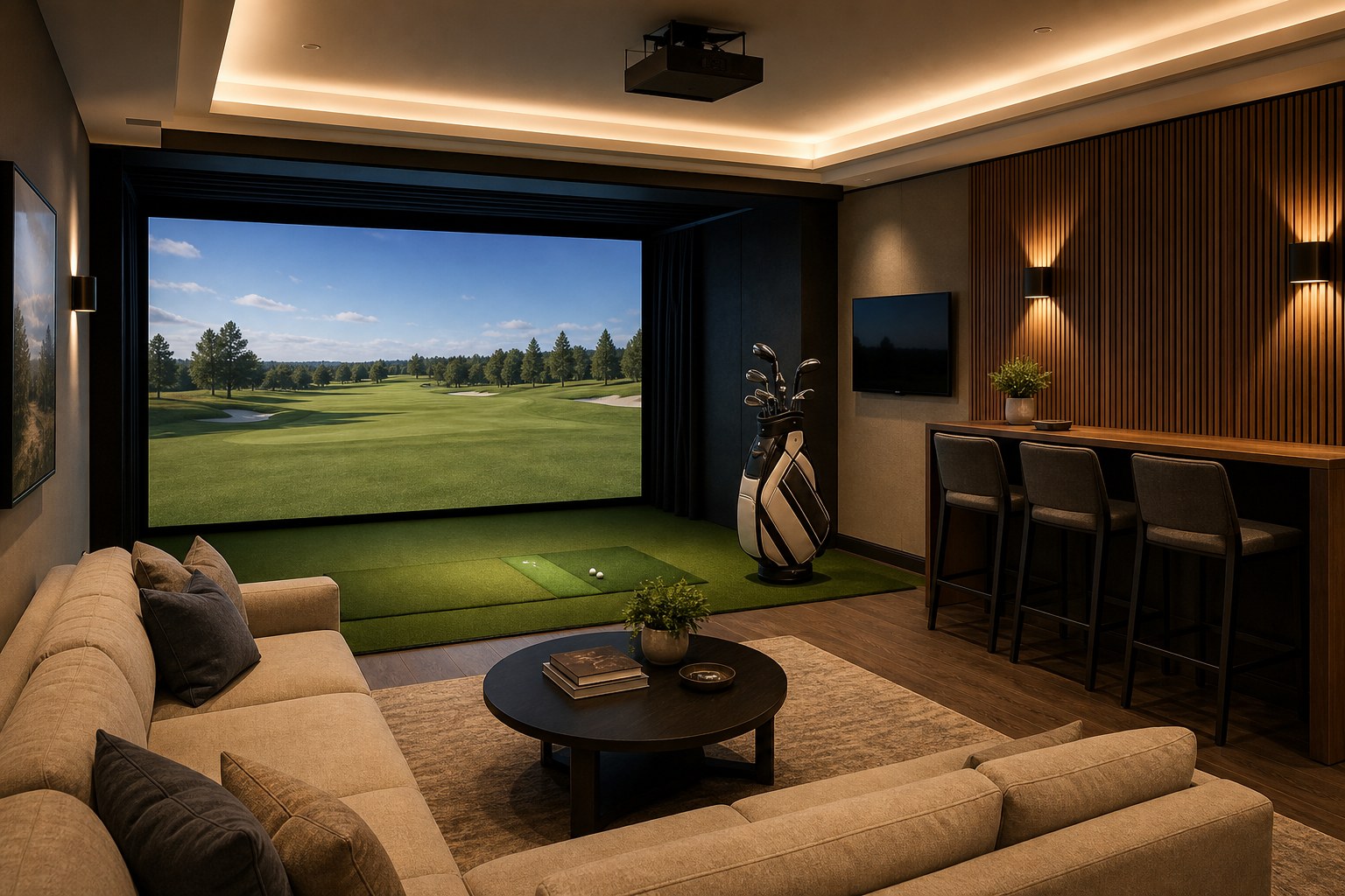 A refined home golf simulator room with an impact screen, turf, lounge seating, and bar seating