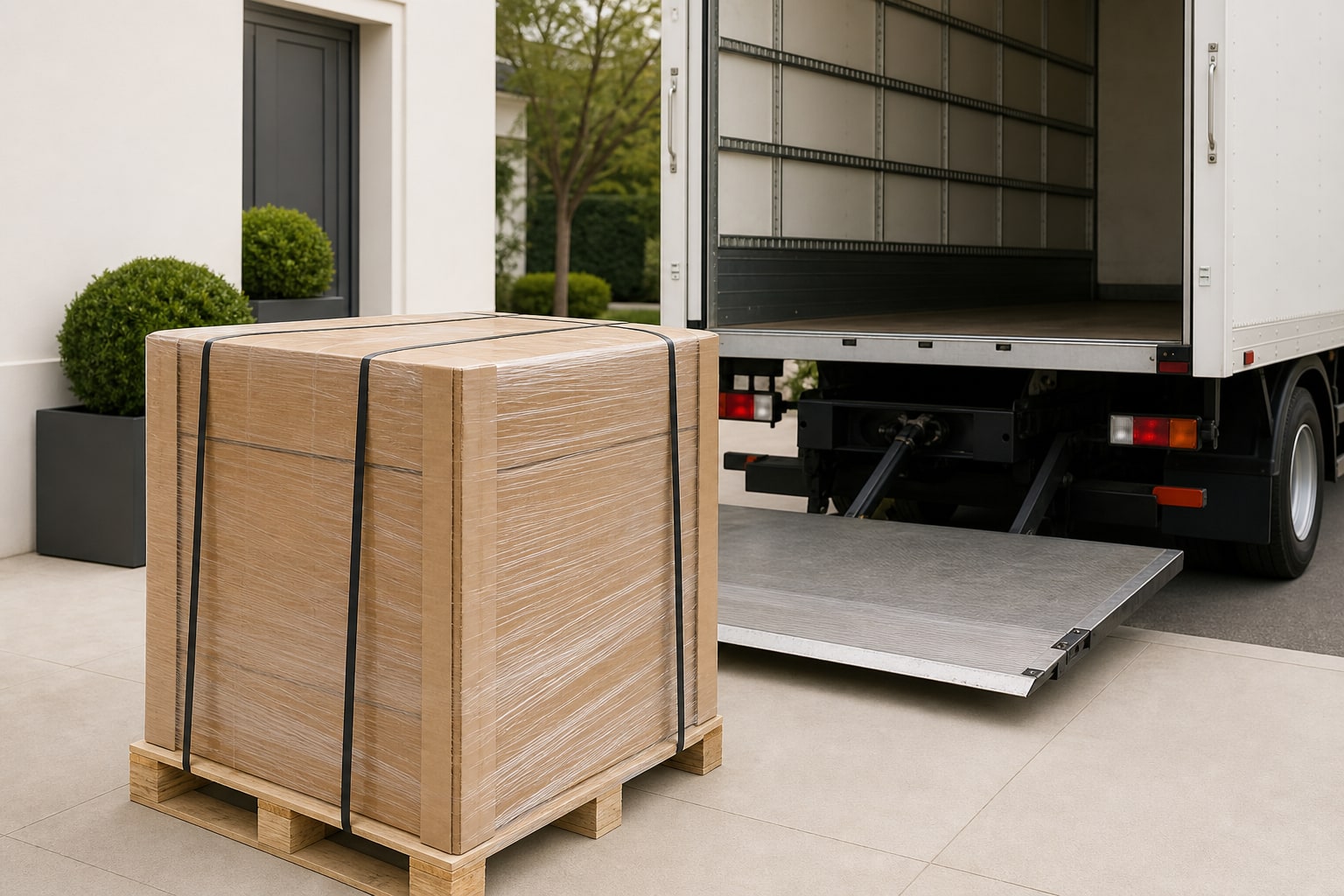 A securely wrapped pallet ready for residential freight delivery beside a truck