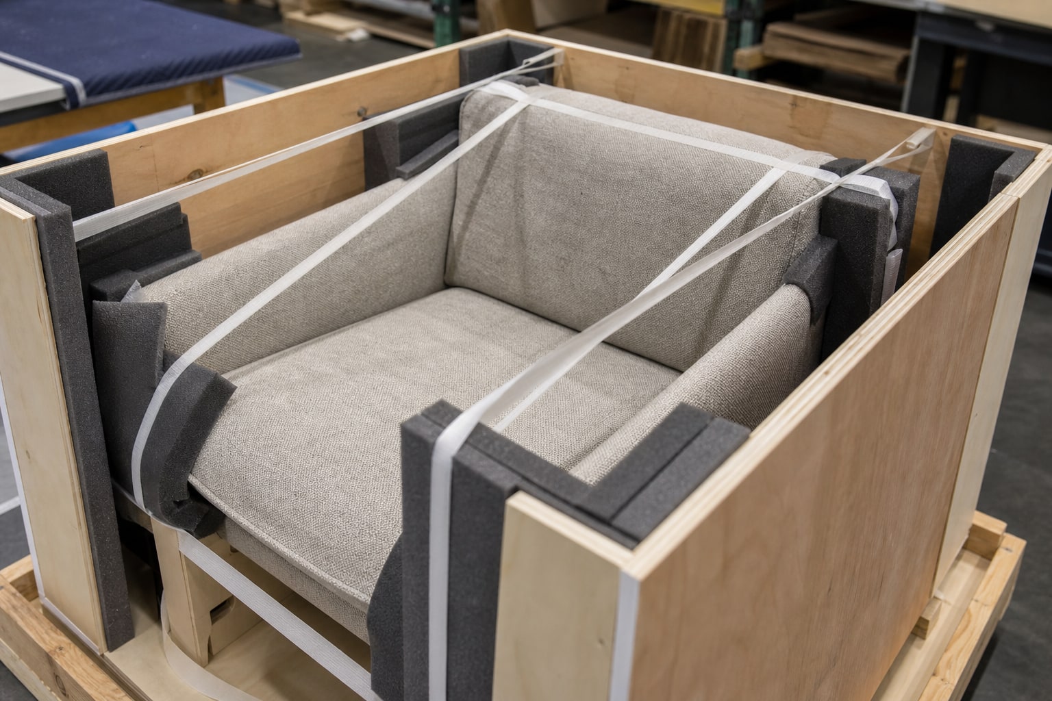 Protective foam, corner guards, and straps securing a lounge chair in a freight crate