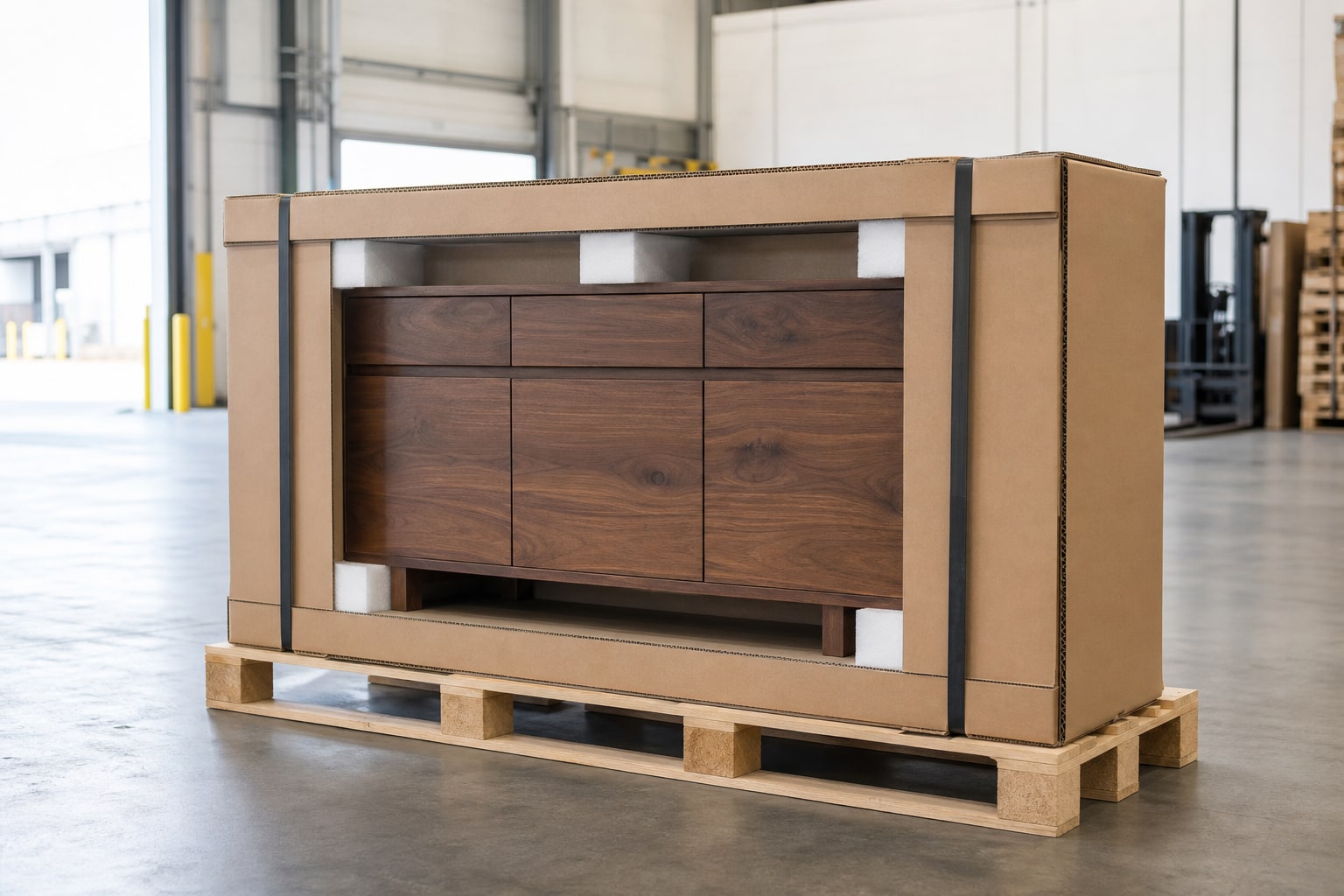 A carefully packed wood sideboard secured on a pallet for freight delivery