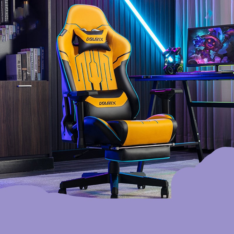 An adjustable black gaming chair with a high back and headrest