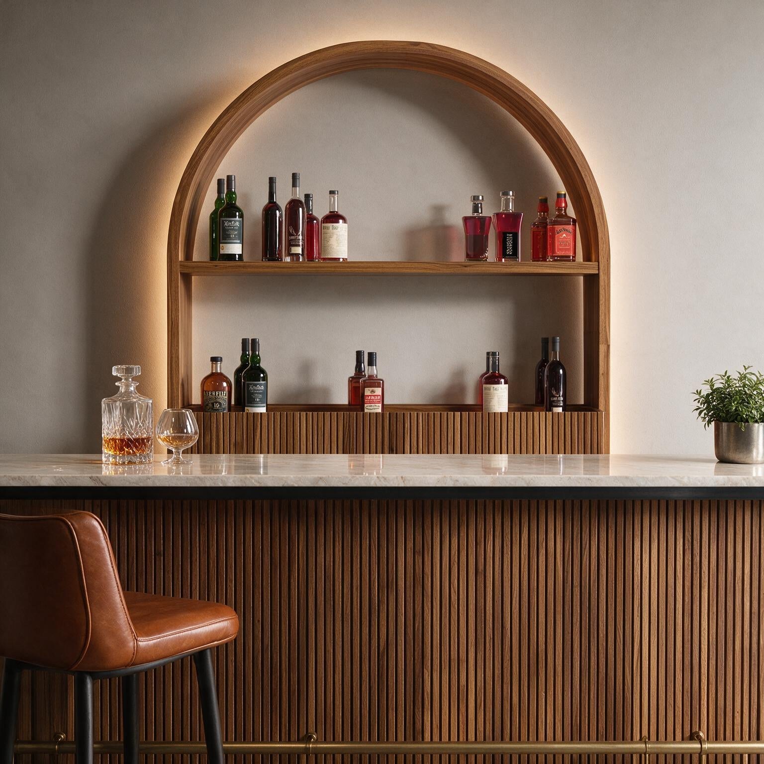 A warm walnut home bar with shelves for bottles and glassware