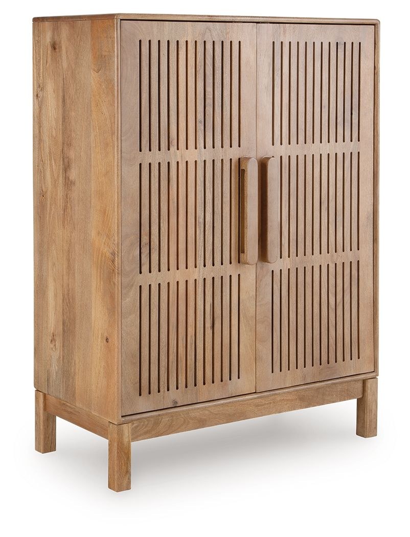 A solid wood bar cabinet with slatted doors and sturdy legs