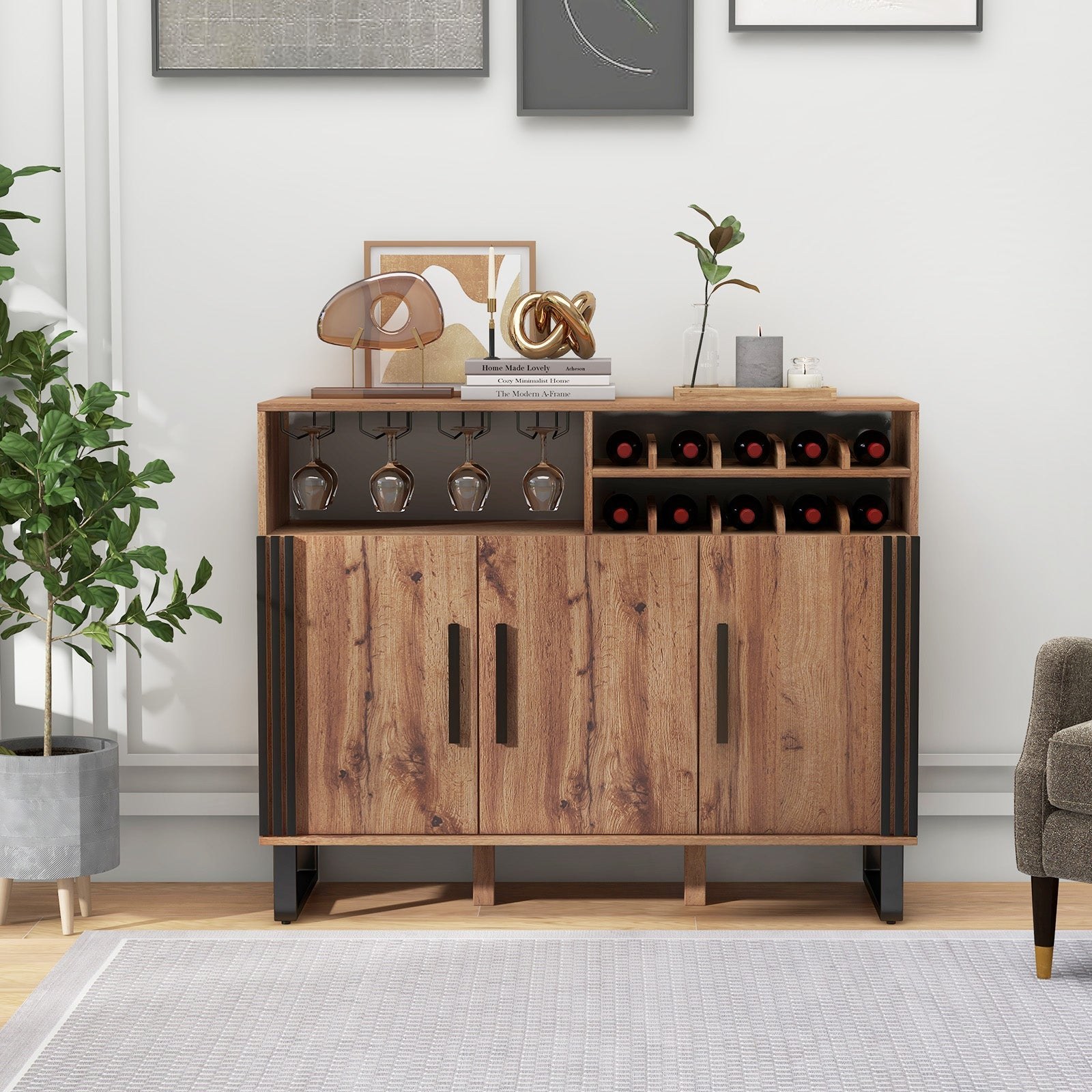 A wooden home bar cabinet set against a wall in a furnished room