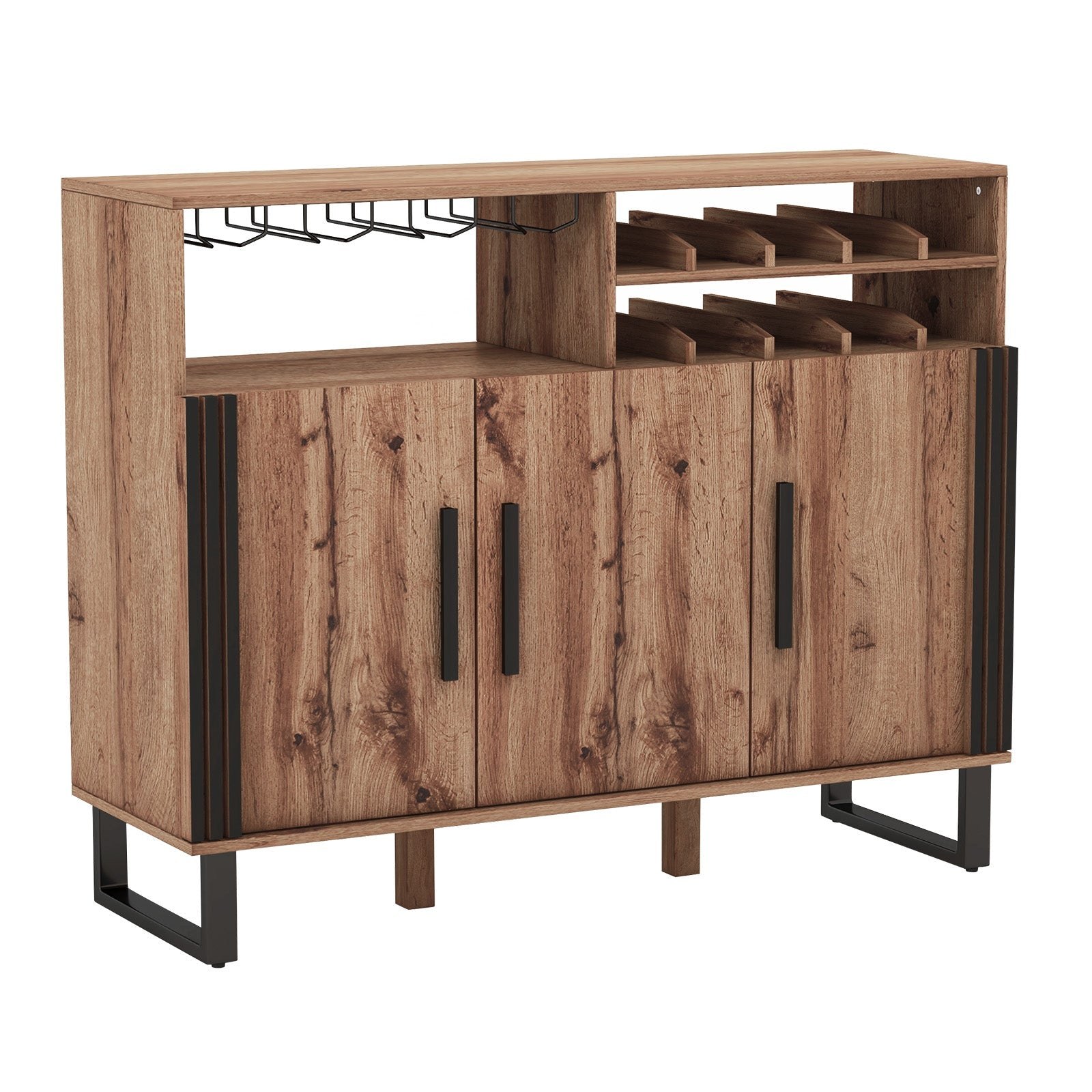 A wood bar cabinet with integrated bottle cubbies and stemware storage