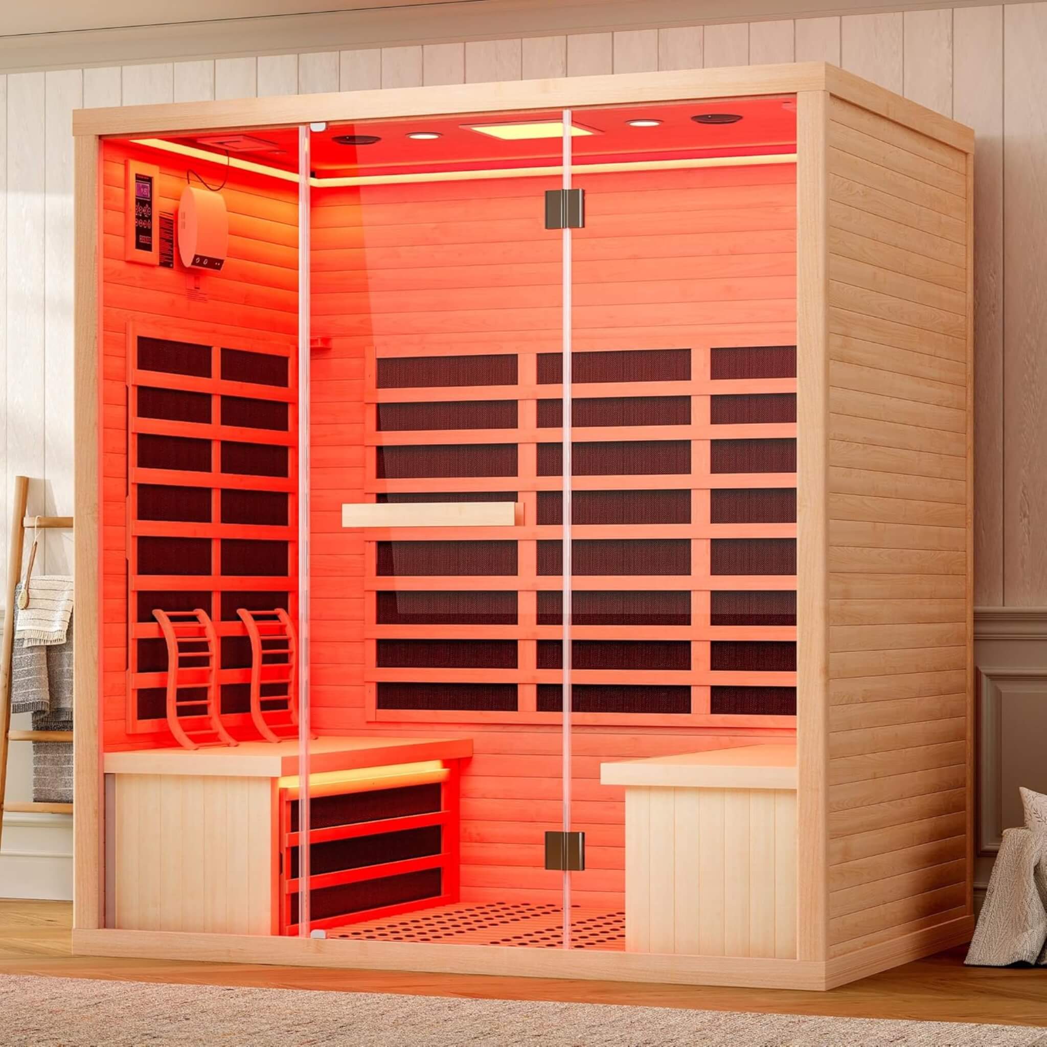 A cedar sauna interior with tiered bench seating and a heater