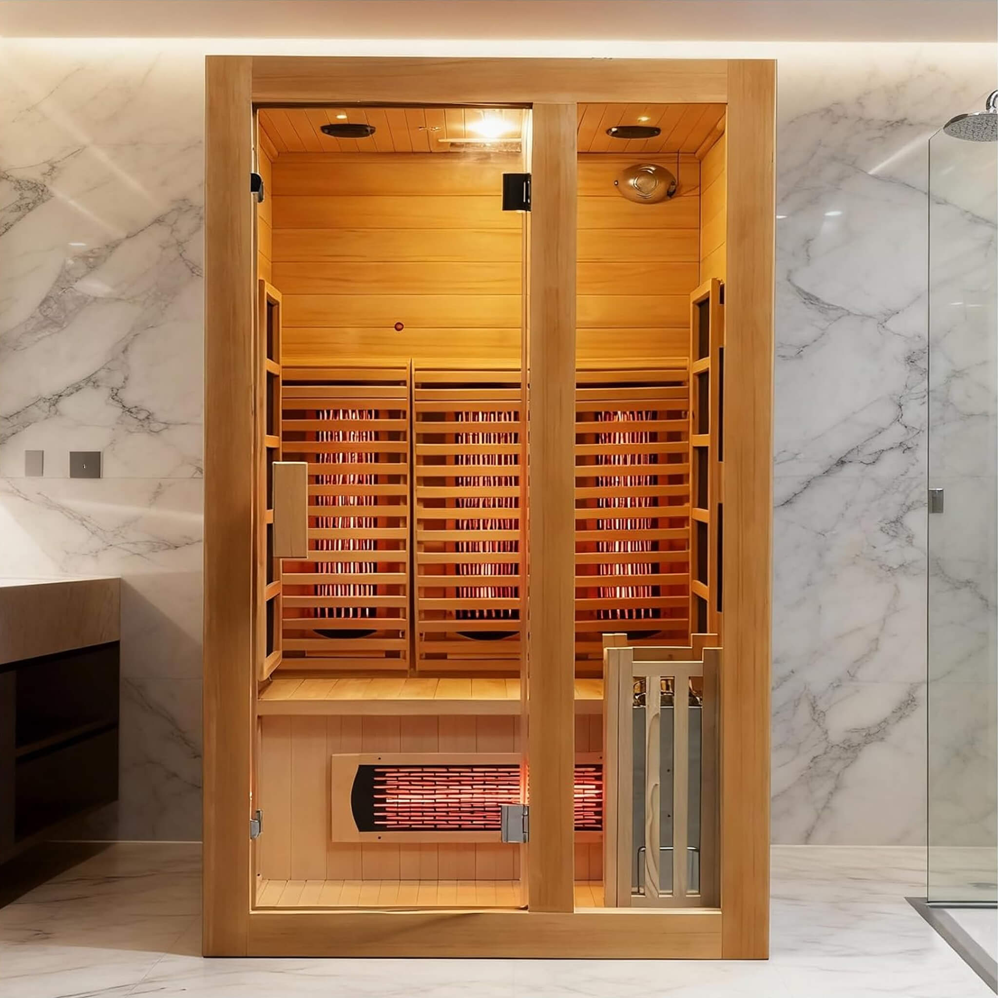 A compact indoor sauna arranged in a calm home wellness room