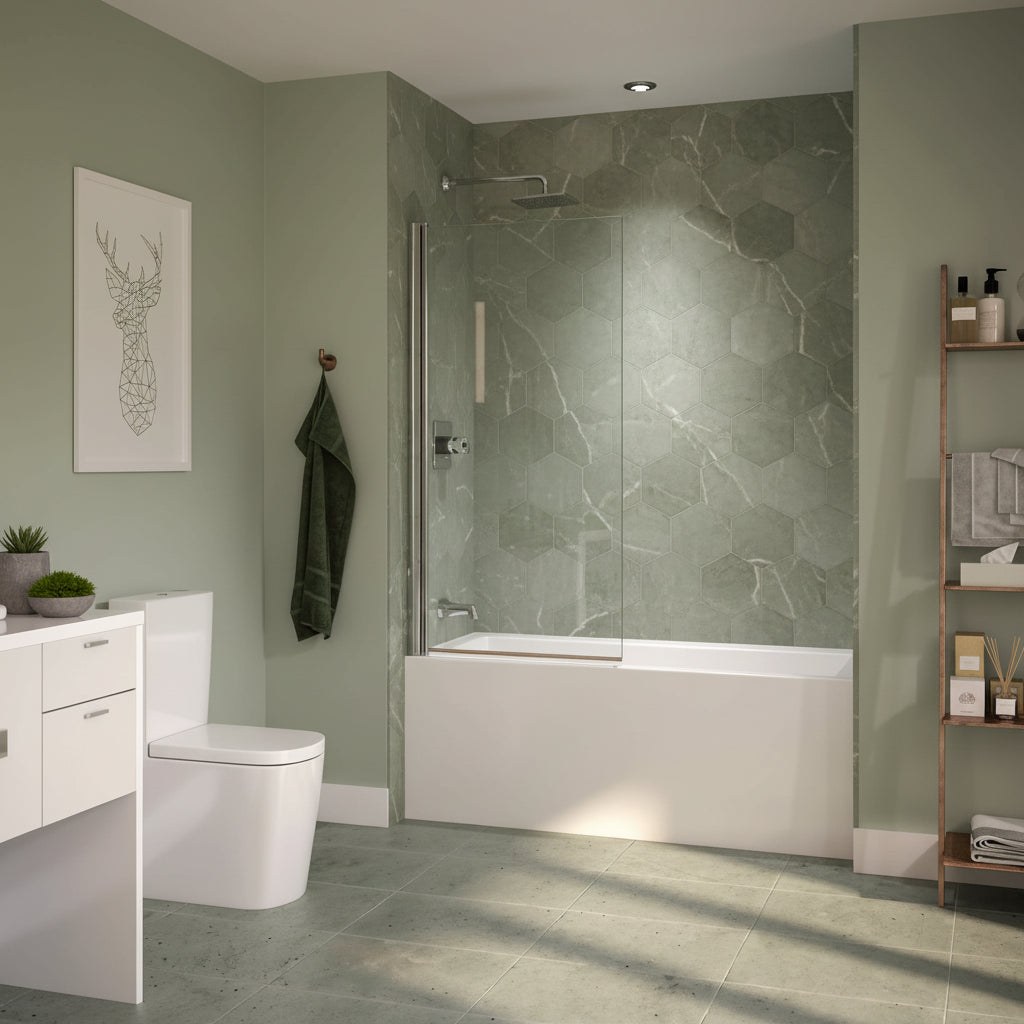 A white whirlpool bath set into a bright bathroom