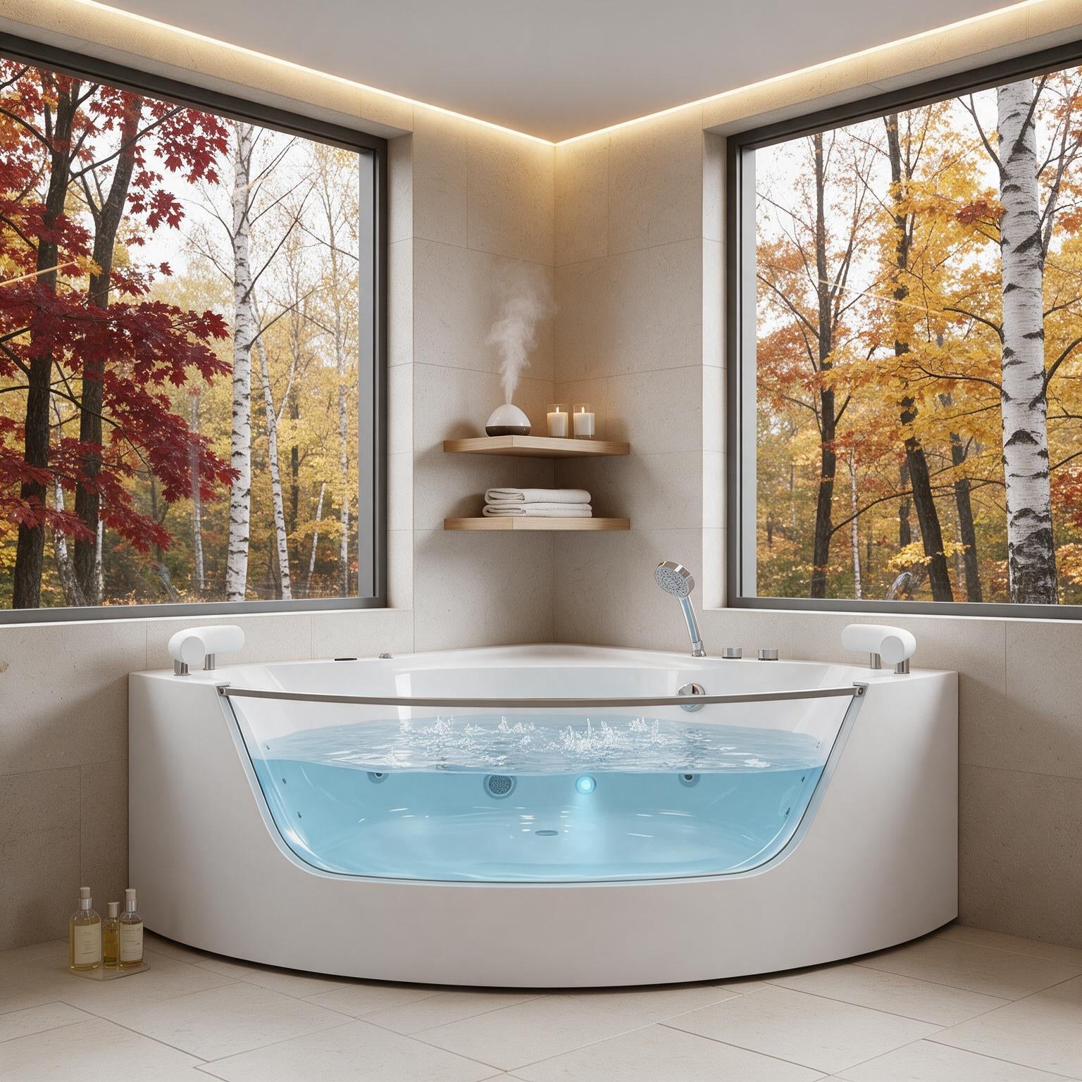 A deep hydrotherapy tub in a bright home wellness room