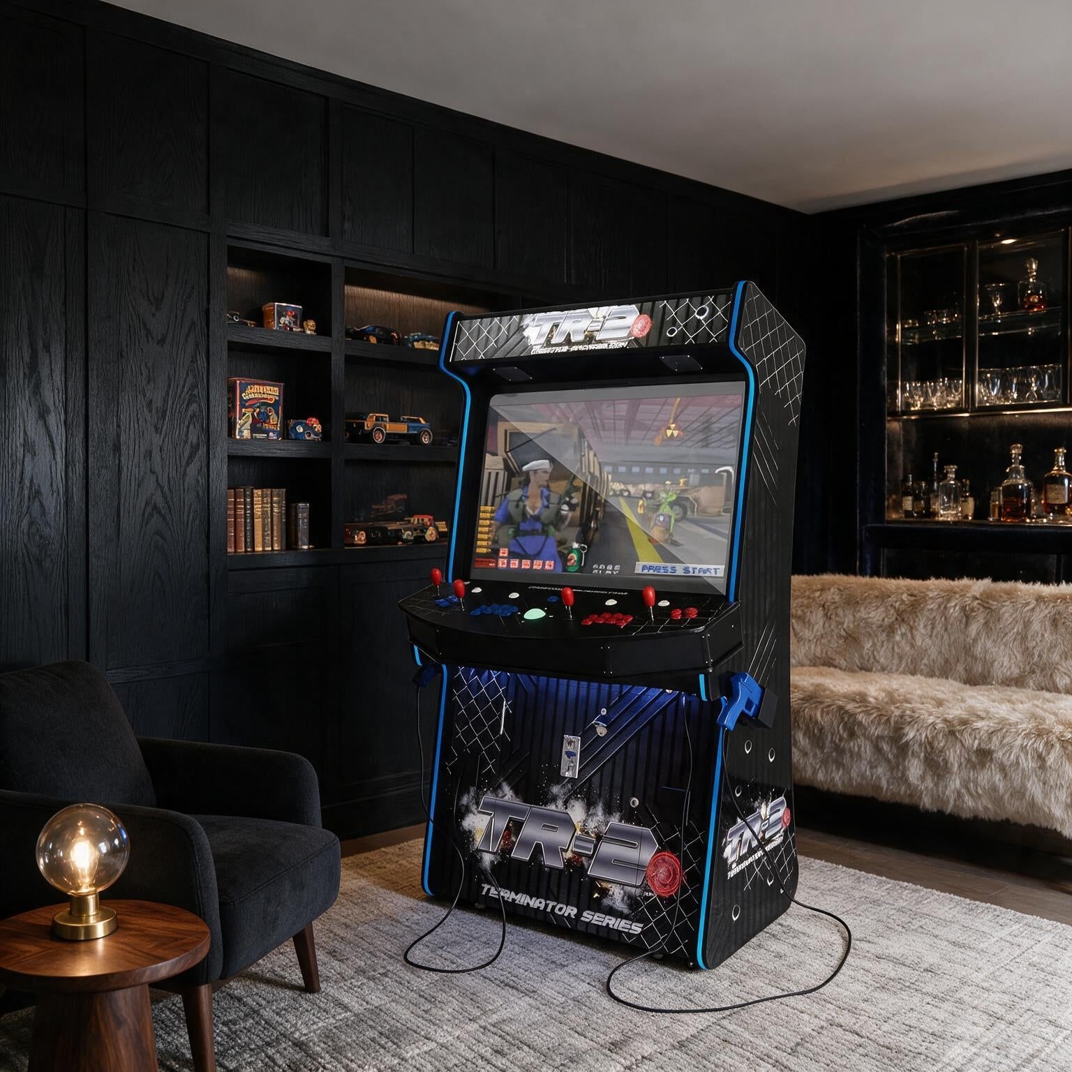 A full-size arcade cabinet with stools