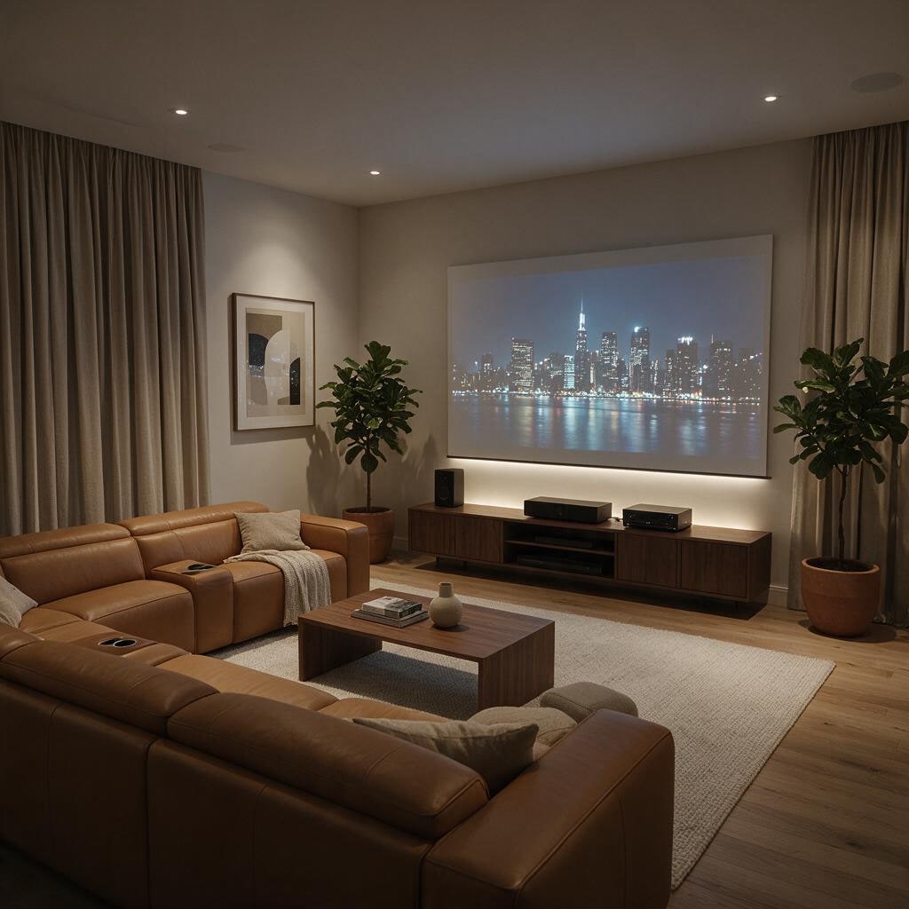 A refined media room with leather seating and a projection screen