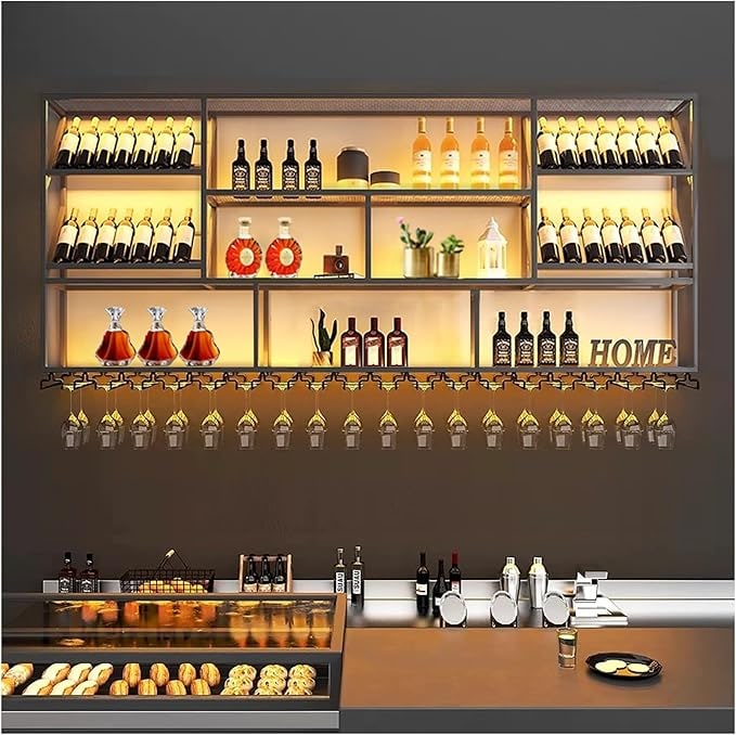 A wall-mounted home bar shelf with bottles and glass storage