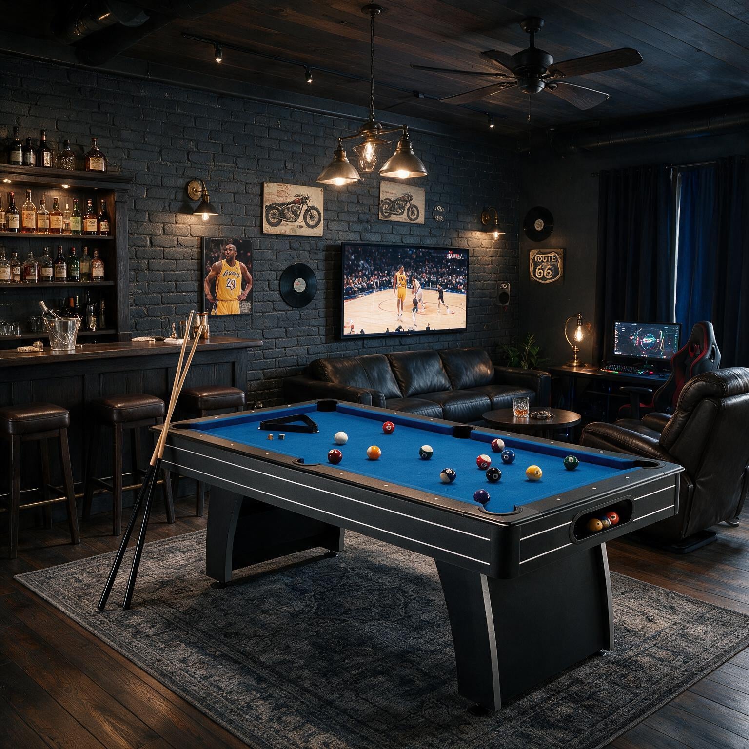 A blue-felt seven-foot pool table with cues and billiard balls