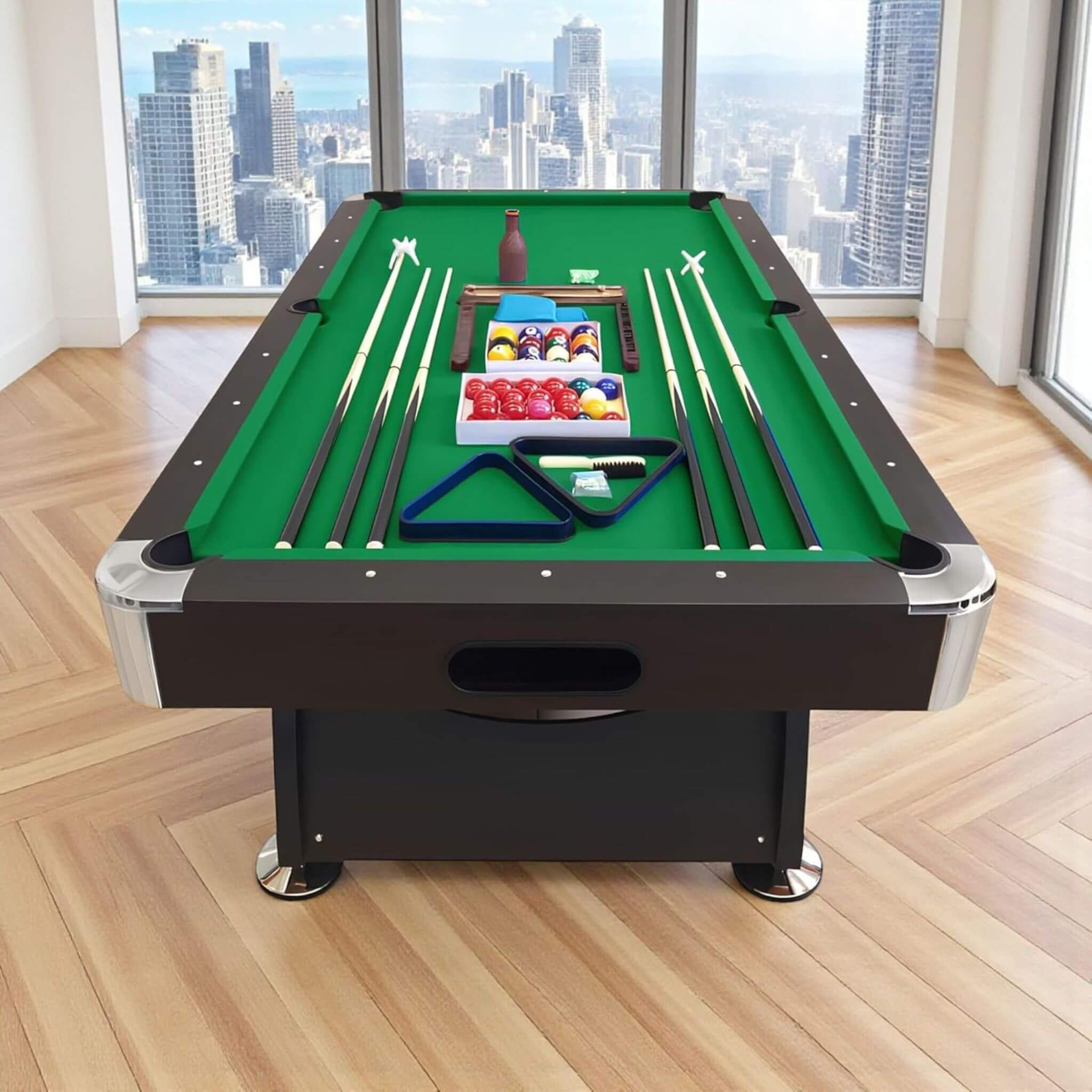 An eight-foot green-felt pool table in a living room setting