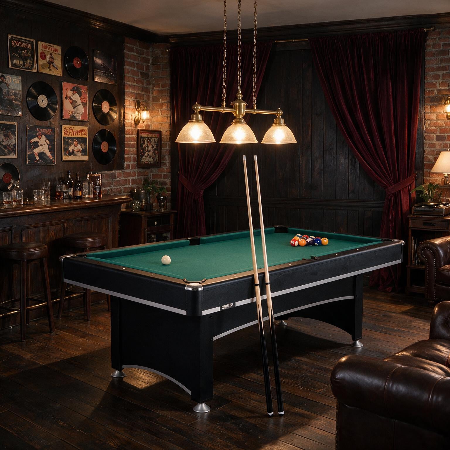 A seven-foot conversion-top pool table arranged for another game
