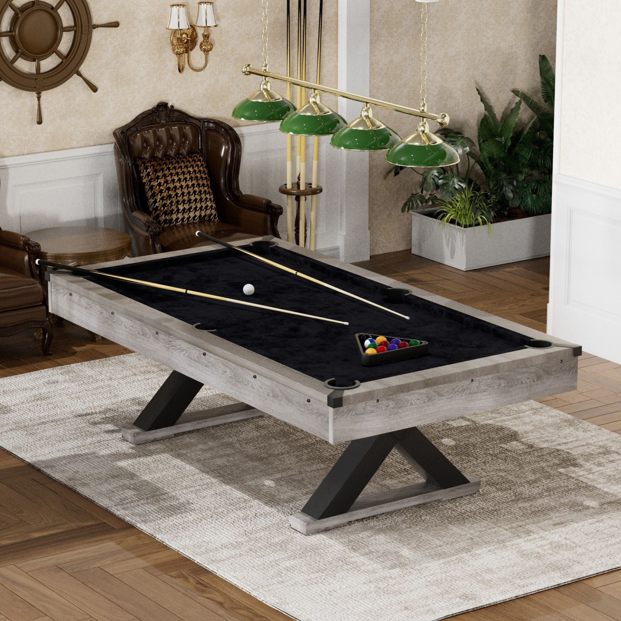A rustic pool table placed in a finished room with space to move around it