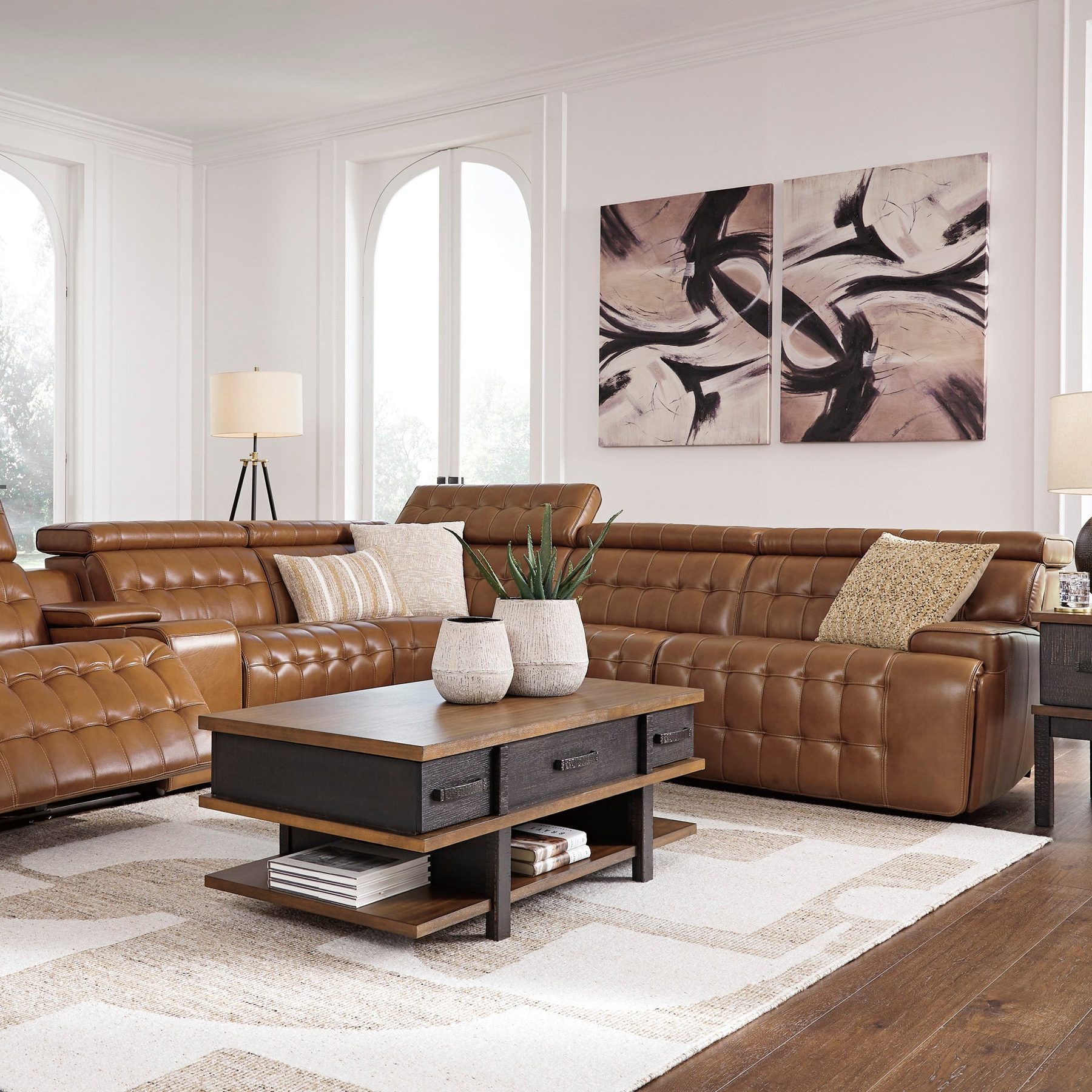 Temmpton six-piece chocolate sectional showing its added storage console