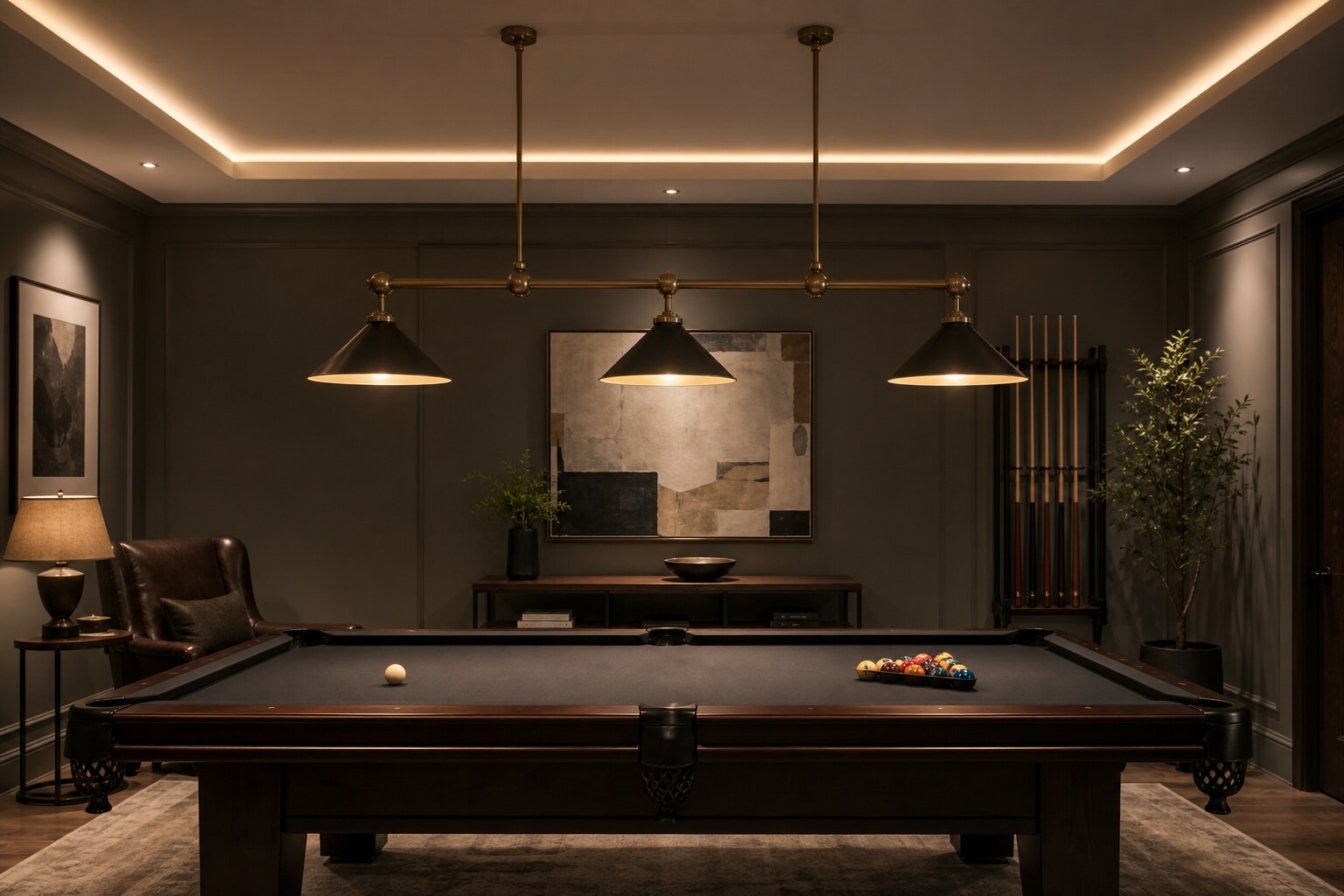 A dark billiards room with a centered three-shade pendant, soft perimeter lighting, and clear cue space