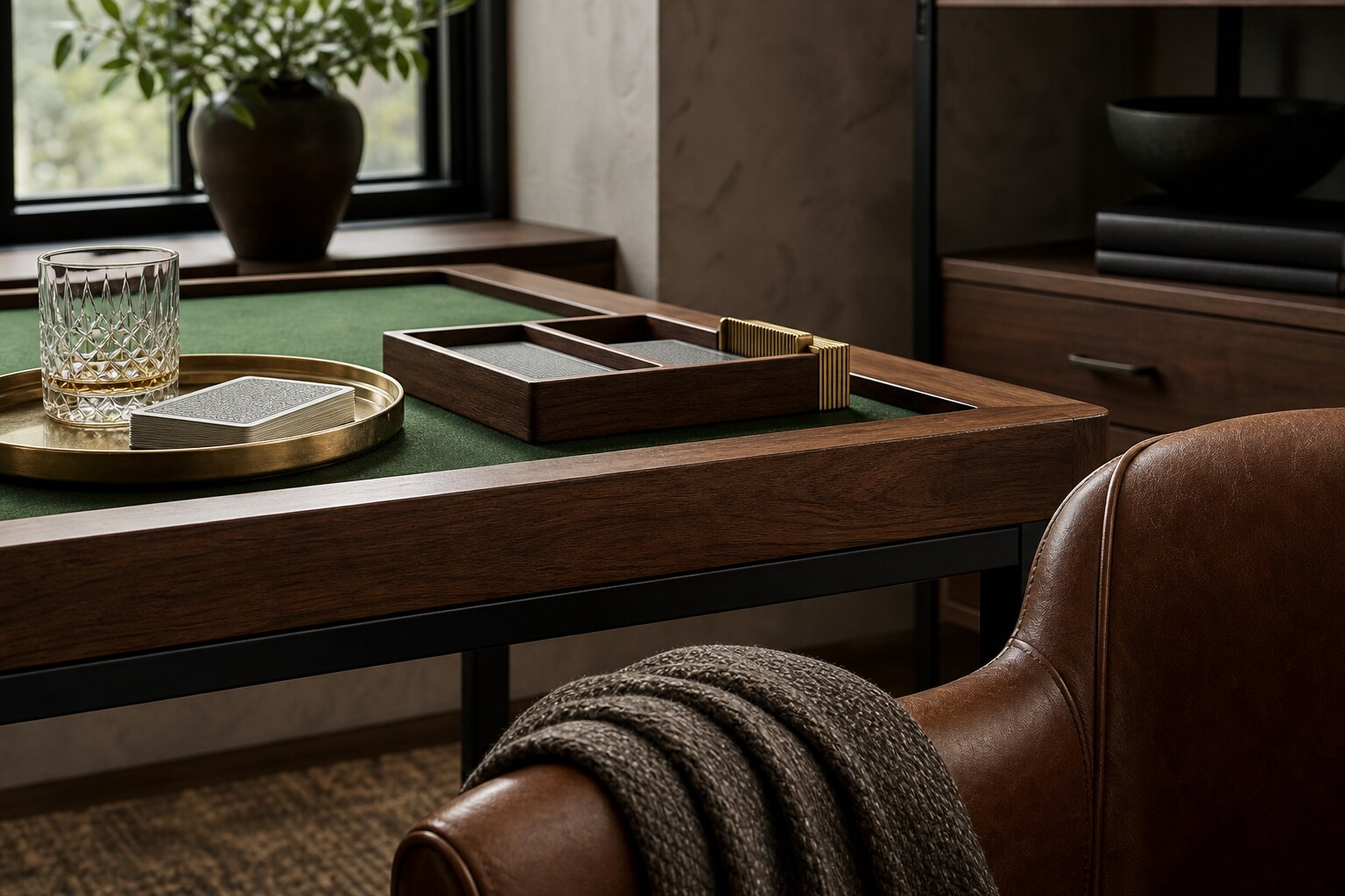 A walnut game table styled with a brass tray, cards, crystal glassware, and a leather chair