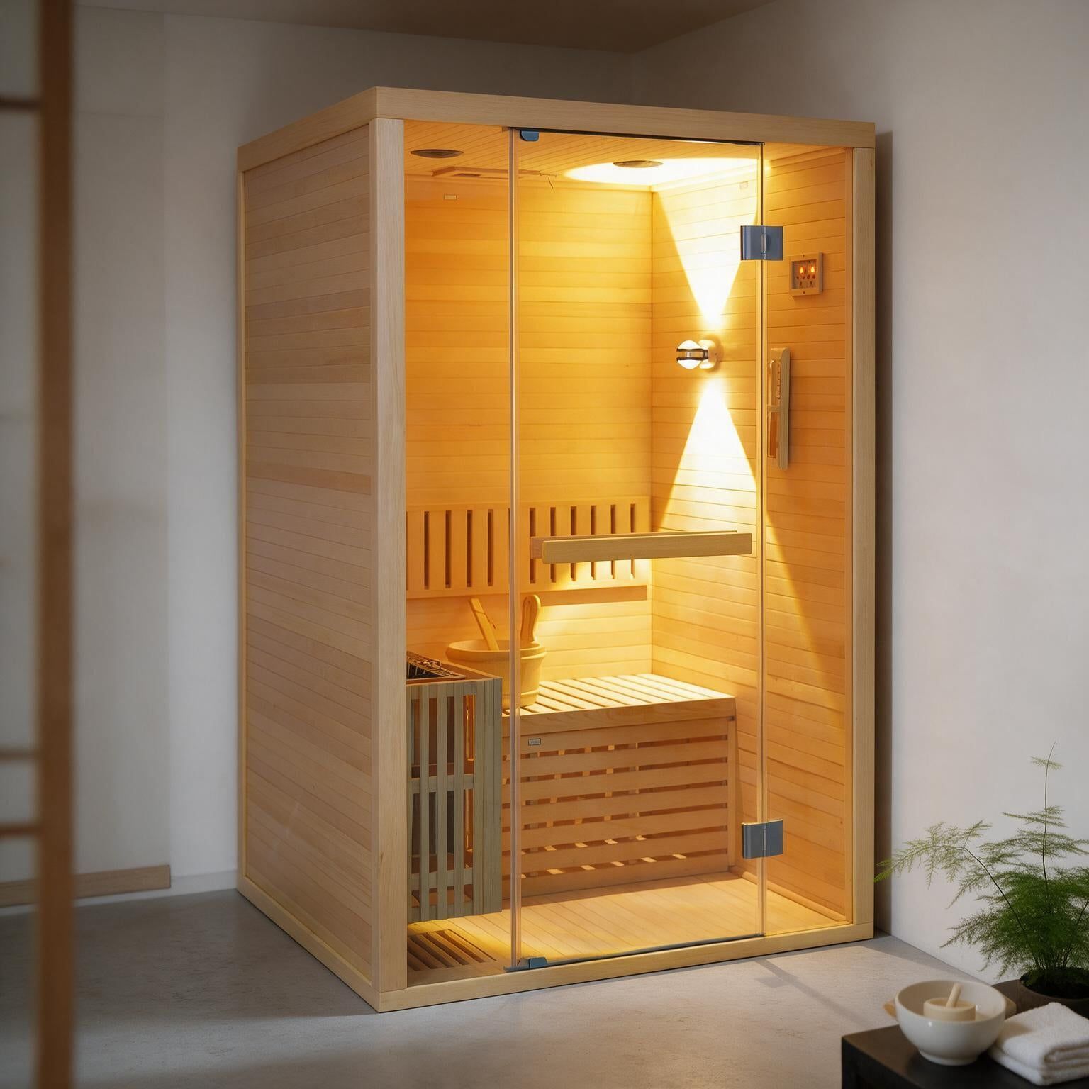 Thermora Alpine two-person wood sauna with a glass door