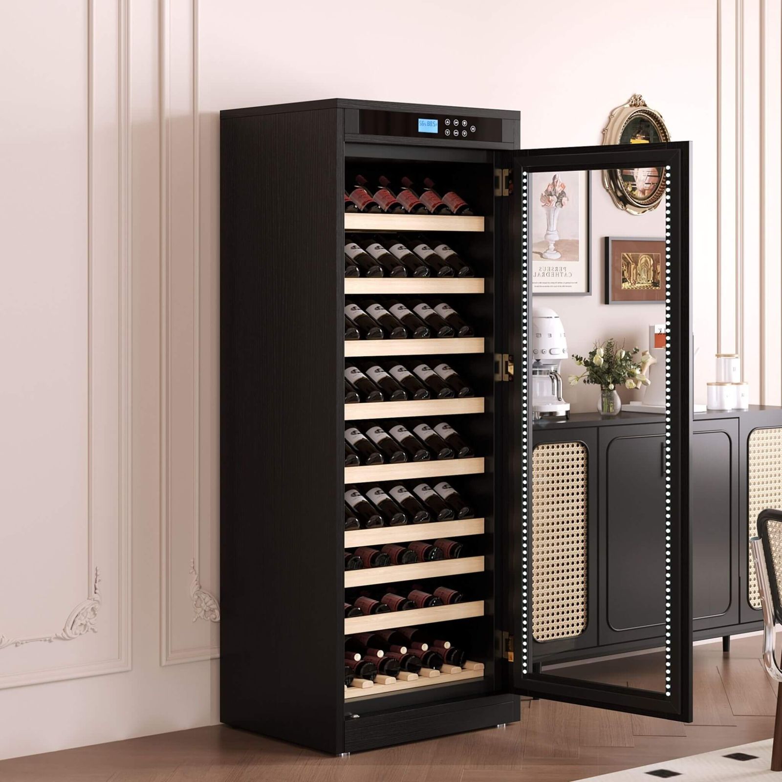 Nuvia temperature-controlled wine cabinet with its storage and display compartments