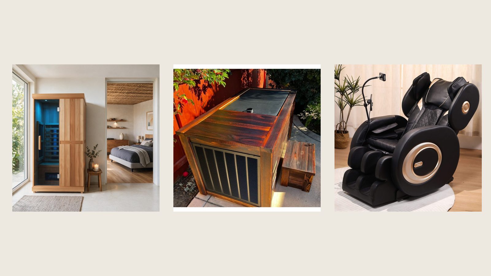 A Finnmark infrared sauna, wood-finished Kooru plunge, and Airvana massage chair shown side by side