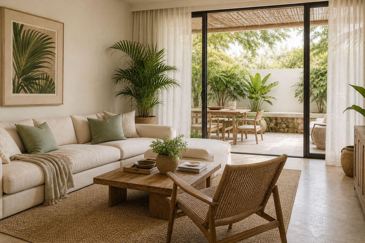 Illustrative resort-style living room with cream seating, woven textures, greenery, and a shaded terrace