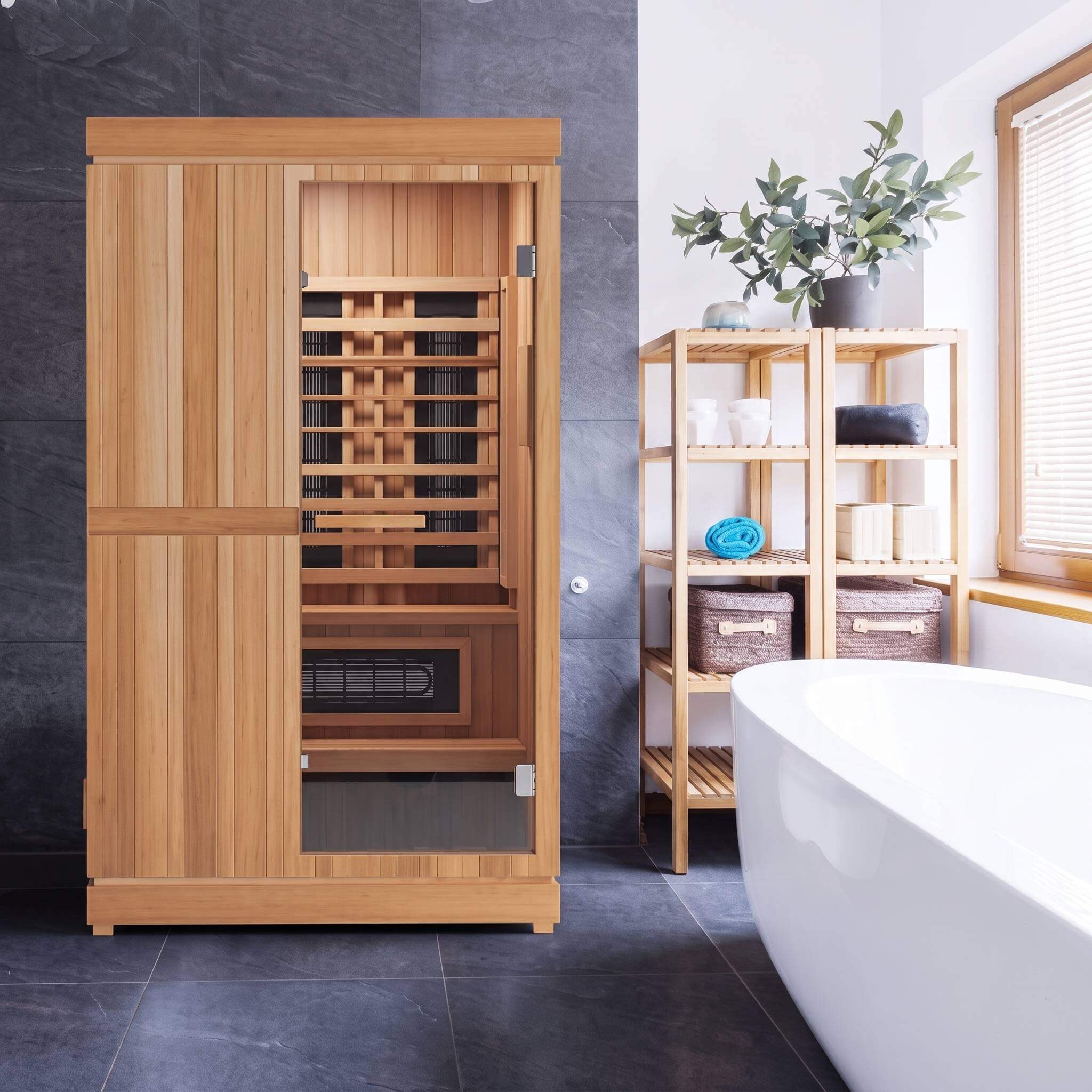 A Finnmark hybrid sauna cabin in a bathroom setting