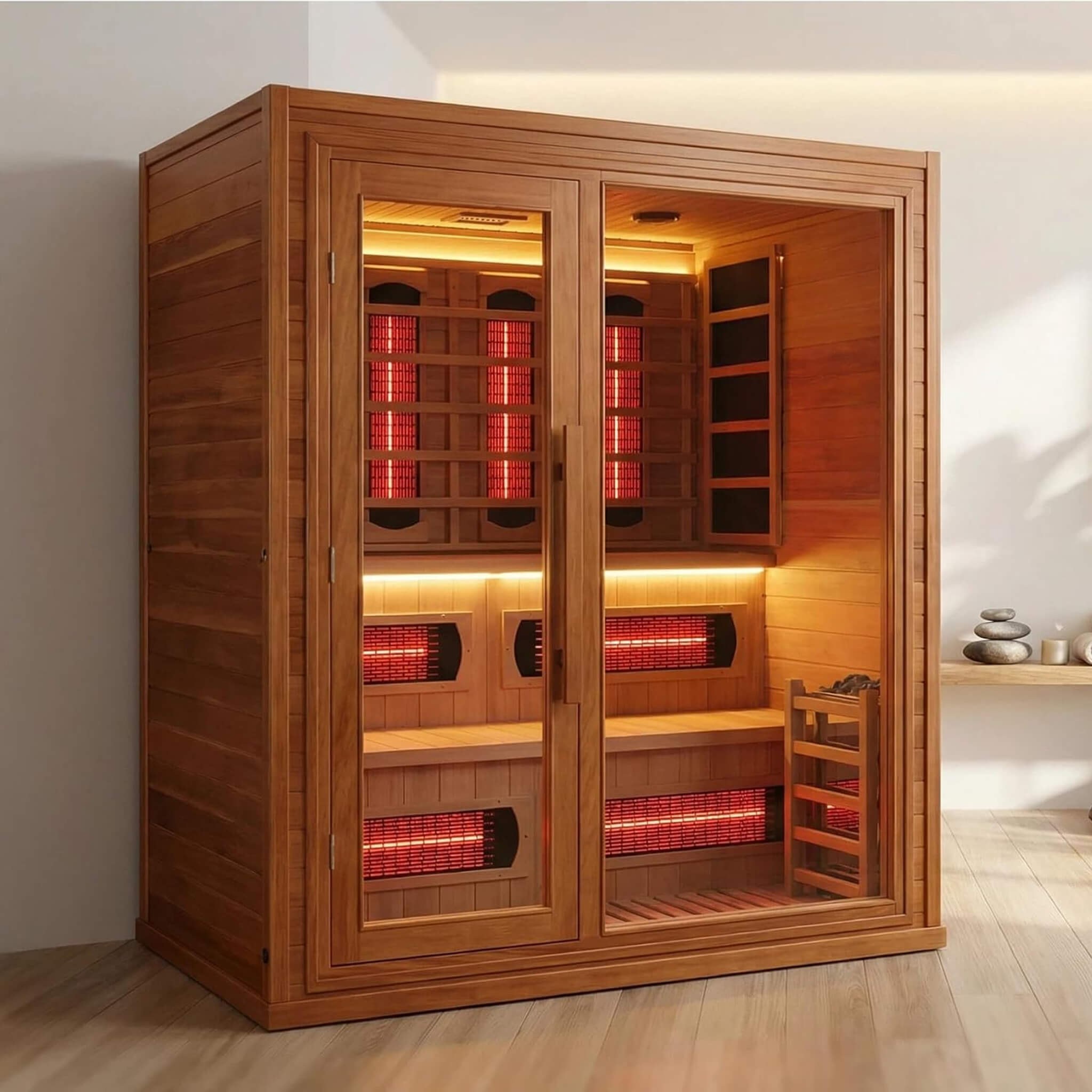 A Rövia hybrid sauna cabin with a glass front