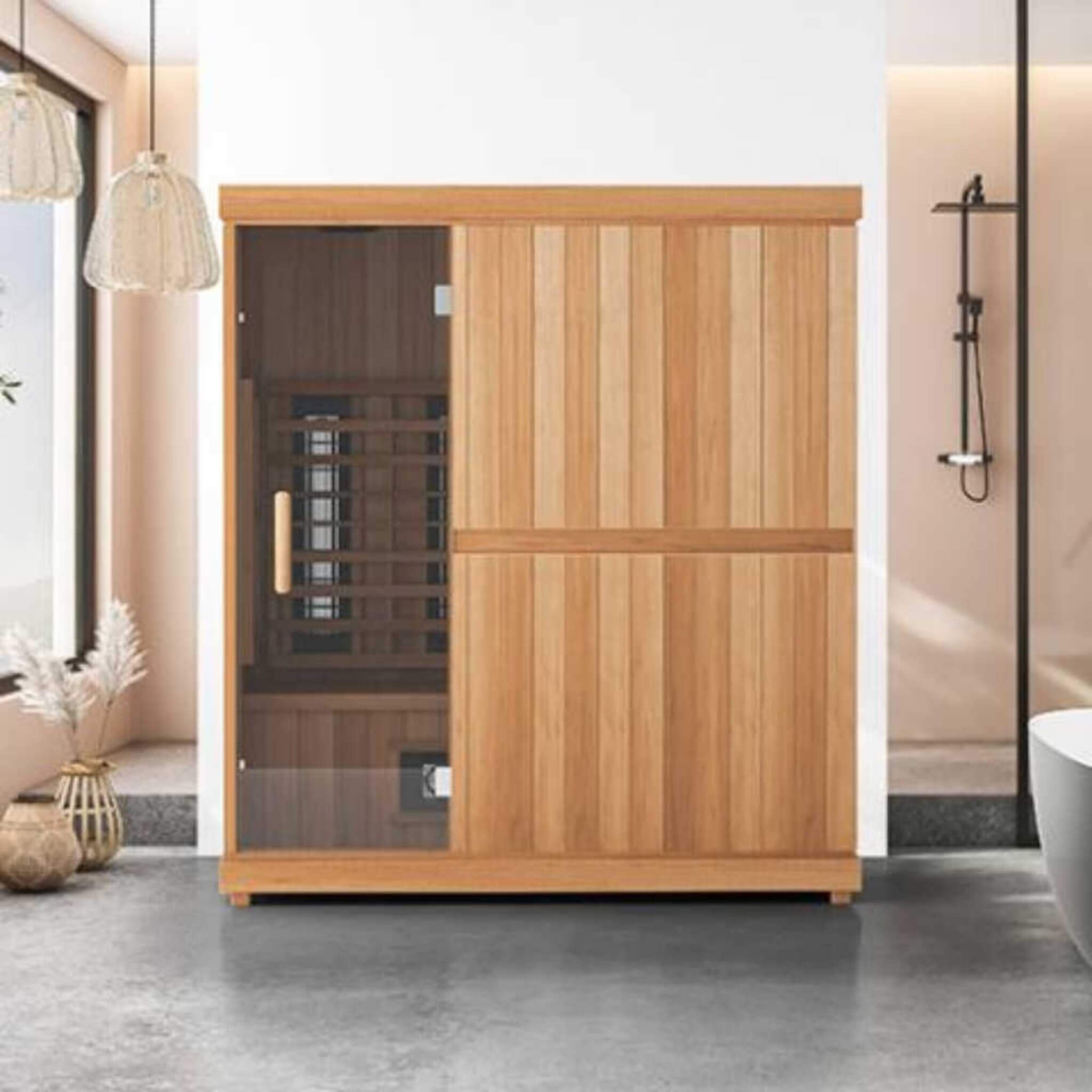 A larger infrared sauna installed on a level bathroom floor