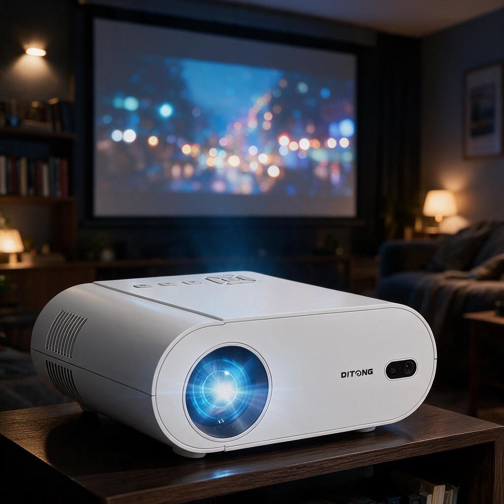 A projector set up in a home media room